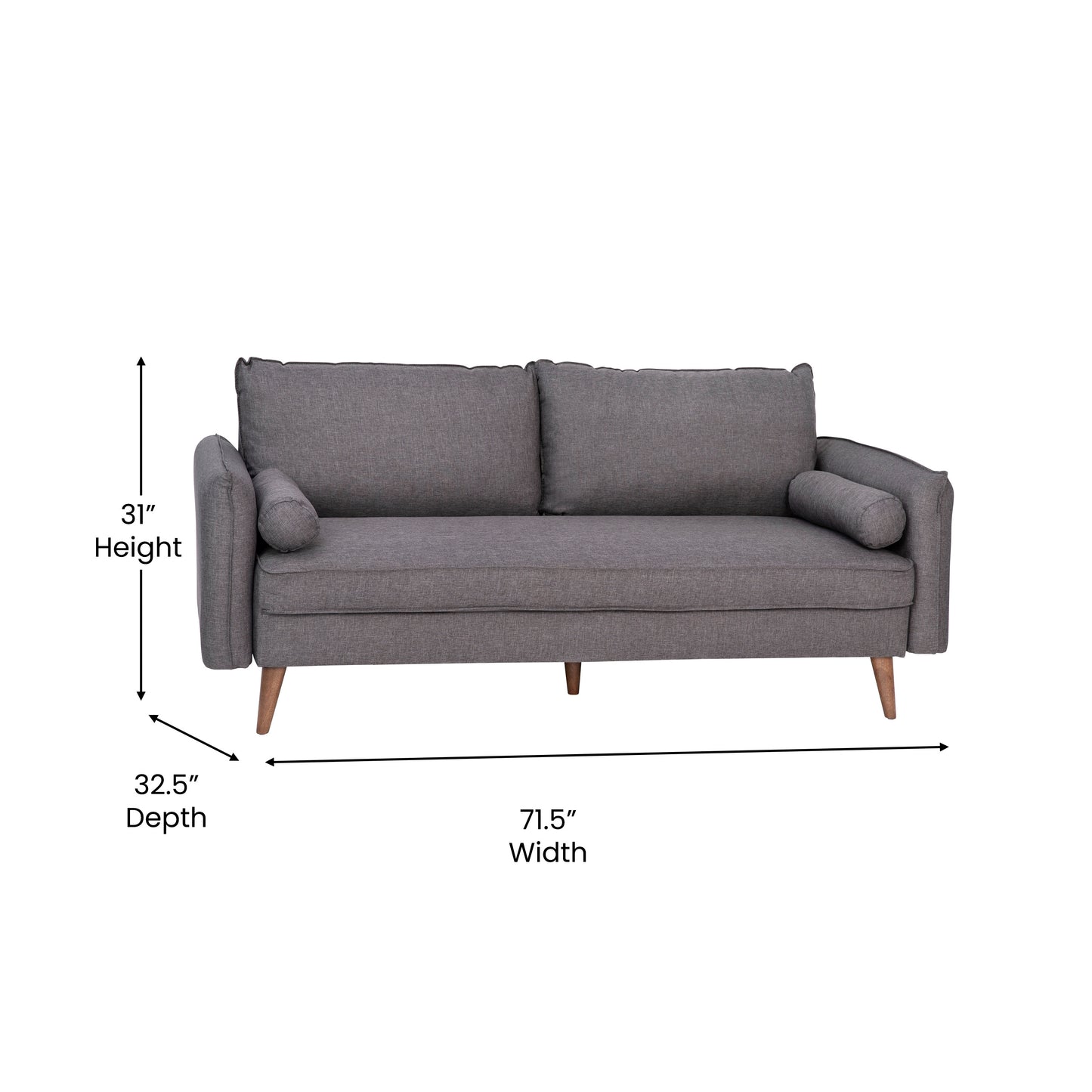 Evie Mid-Century Modern Sofa with Faux Linen Fabric Upholstery & Solid Wood Legs in Stone Gray Stone Gray