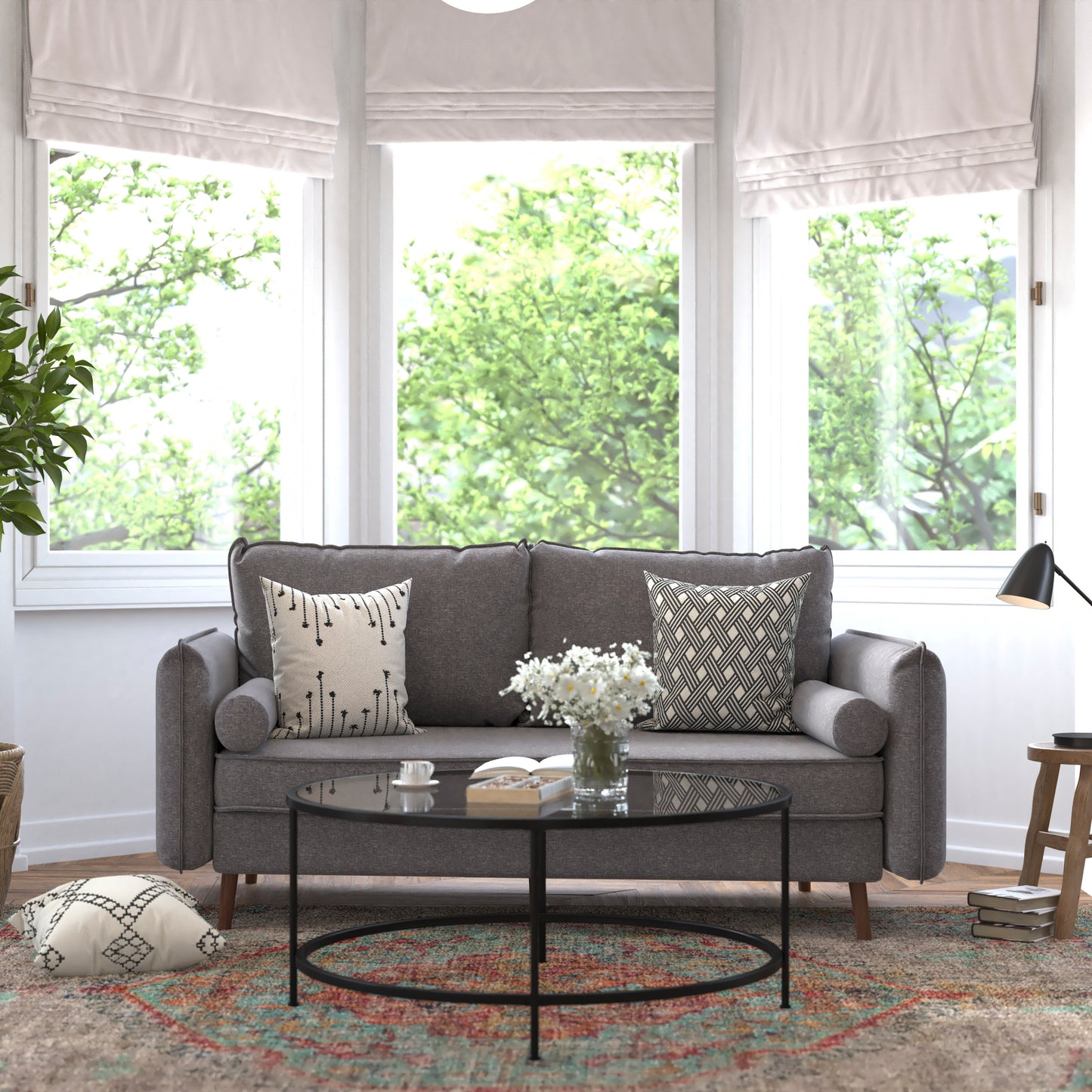 Evie Mid-Century Modern Sofa with Faux Linen Fabric Upholstery & Solid Wood Legs in Stone Gray Stone Gray