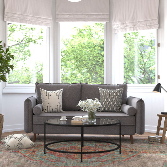 Evie Mid-Century Modern Sofa with Faux Linen Fabric Upholstery & Solid Wood Legs in Stone Gray Stone Gray IS-VS100-GY-GG