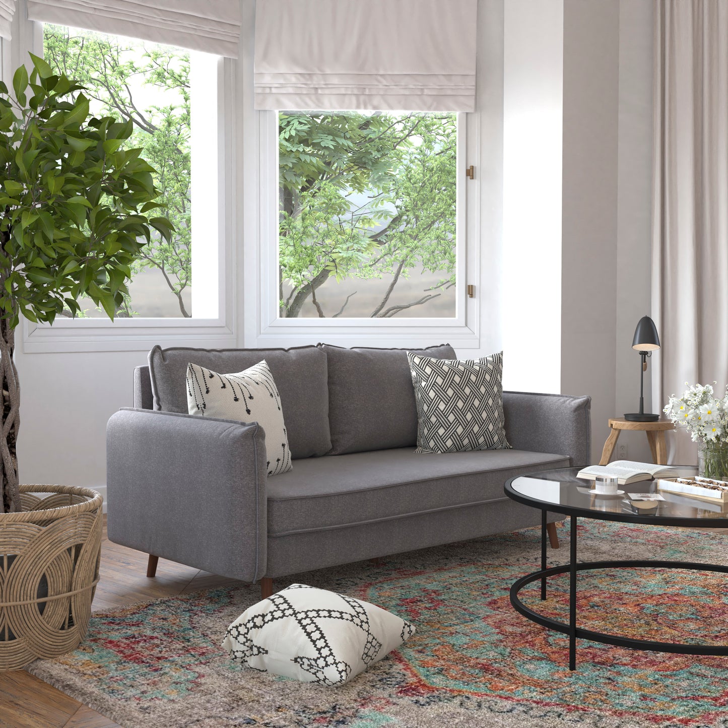 Evie Mid-Century Modern Sofa with Faux Linen Fabric Upholstery & Solid Wood Legs in Stone Gray Stone Gray