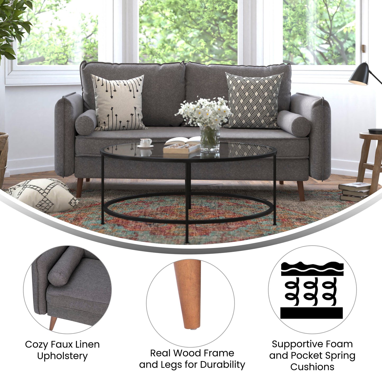 Evie Mid-Century Modern Sofa with Faux Linen Fabric Upholstery & Solid Wood Legs in Stone Gray Stone Gray