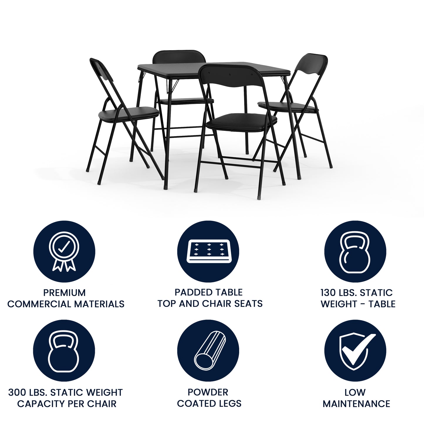 Madison 5 Piece Black Folding Card Table and Chair Set with 4 Metal Padded Folding Chairs and Square Table Black