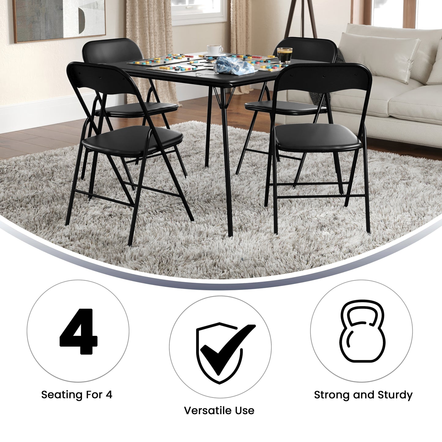 Madison 5 Piece Black Folding Card Table and Chair Set with 4 Metal Padded Folding Chairs and Square Table Black