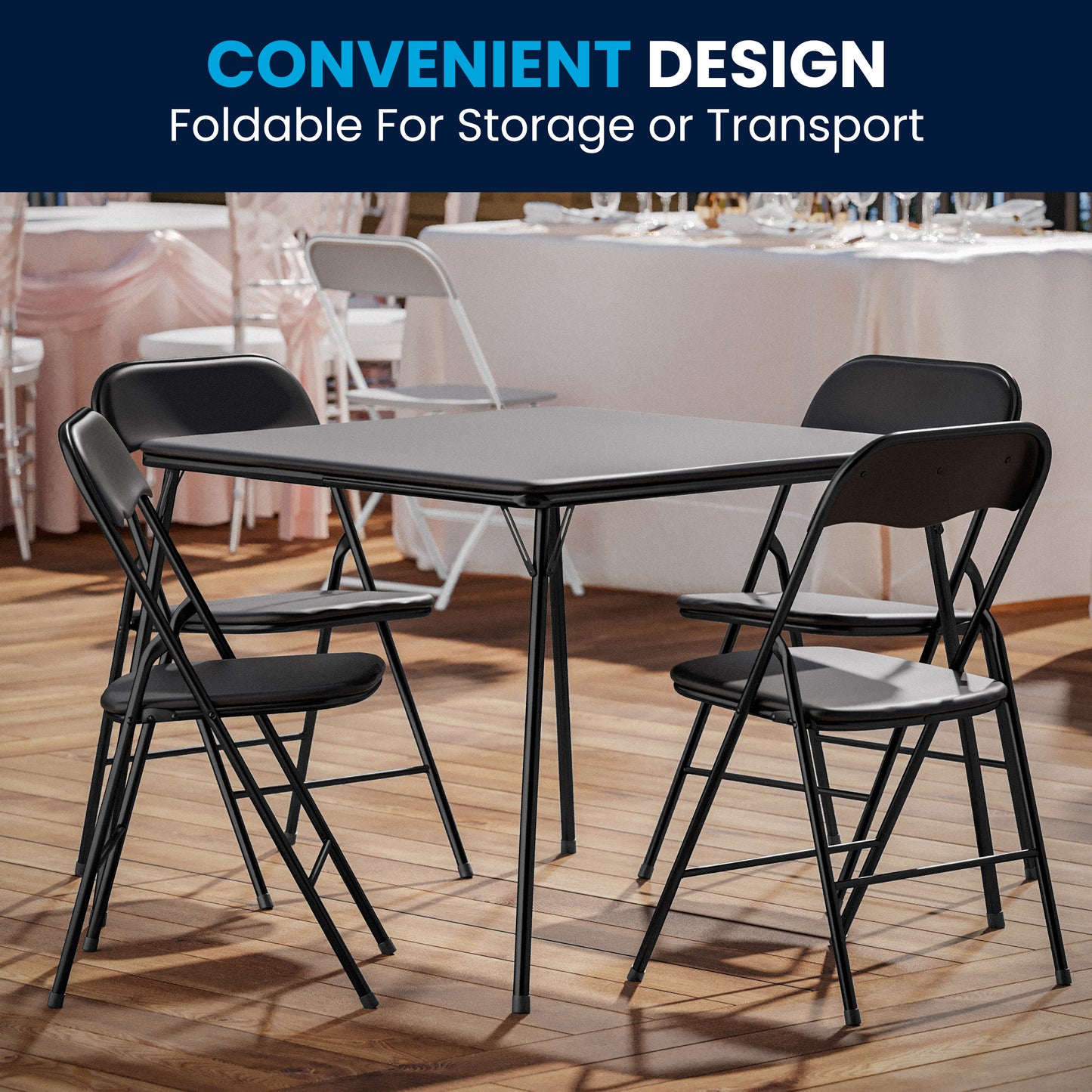 Madison 5 Piece Black Folding Card Table and Chair Set with 4 Metal Padded Folding Chairs and Square Table Black