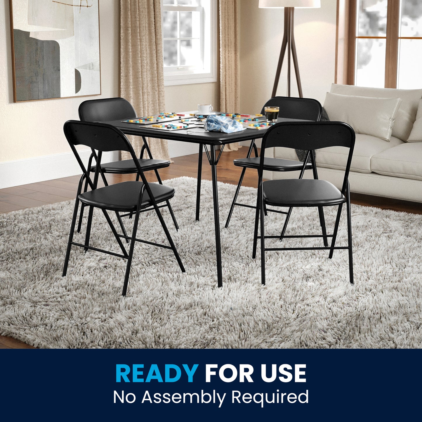 Madison 5 Piece Black Folding Card Table and Chair Set with 4 Metal Padded Folding Chairs and Square Table Black