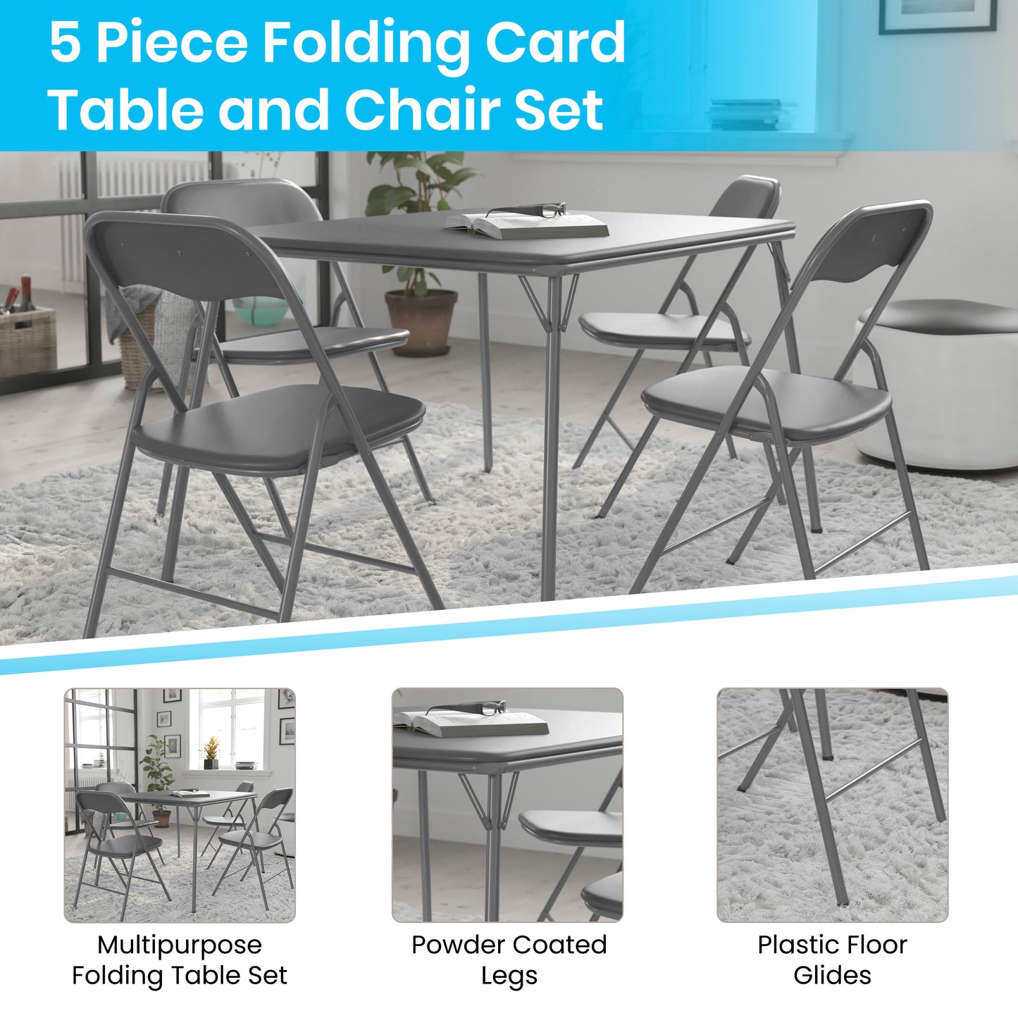 Madison 5 Piece Gray Folding Card Table and Chair Set Gray