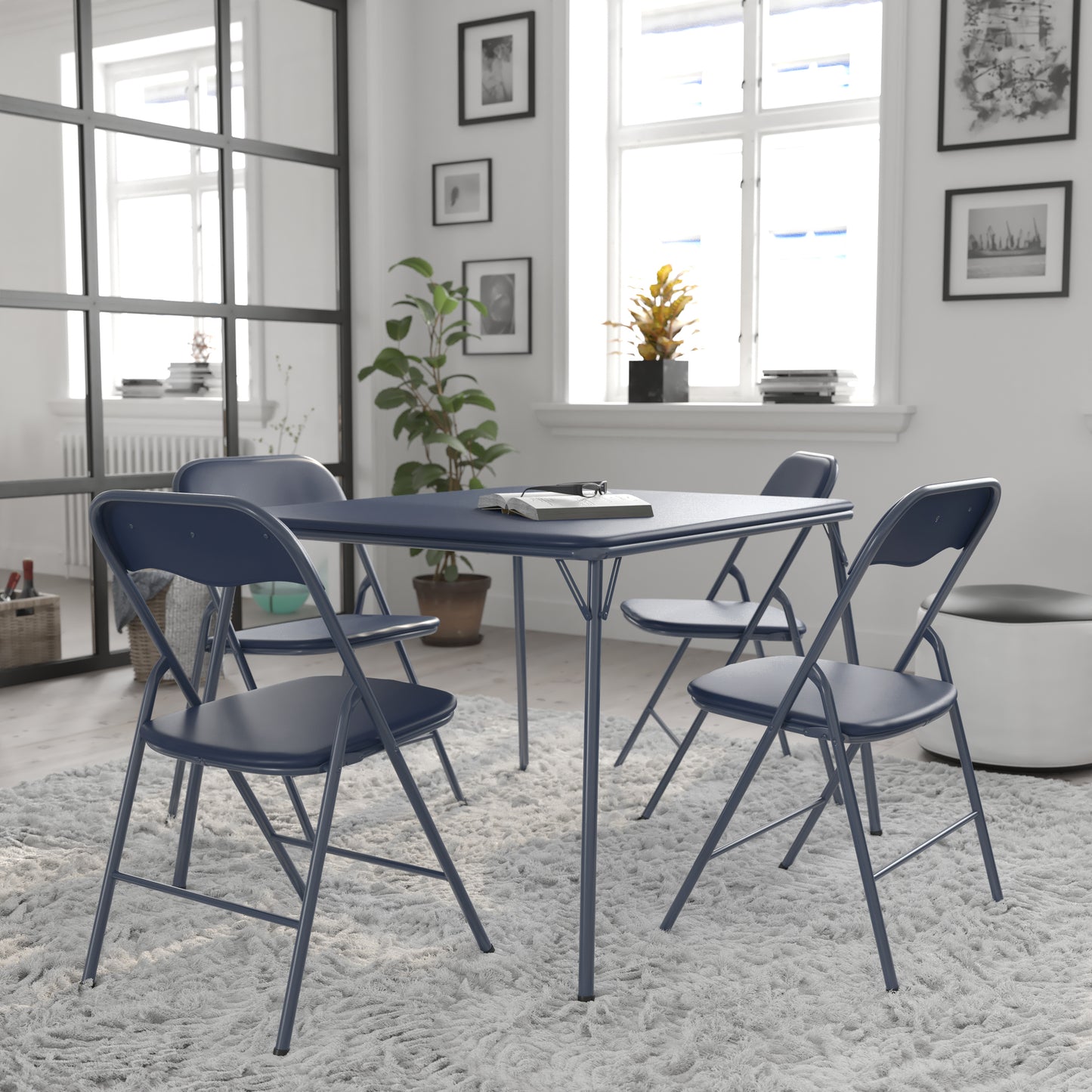 Madison 5 Piece Navy Folding Card Table and Chair Set Navy