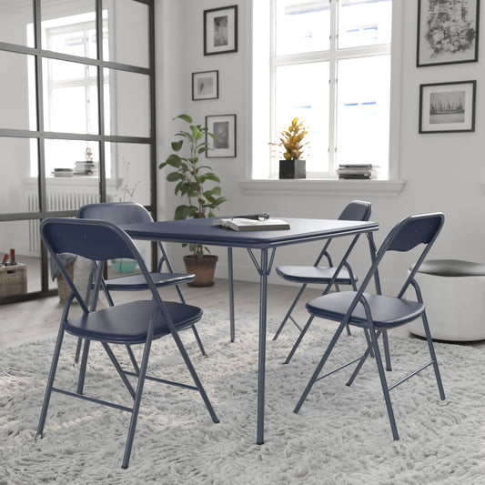 Madison 5 Piece Navy Folding Card Table and Chair Set Navy