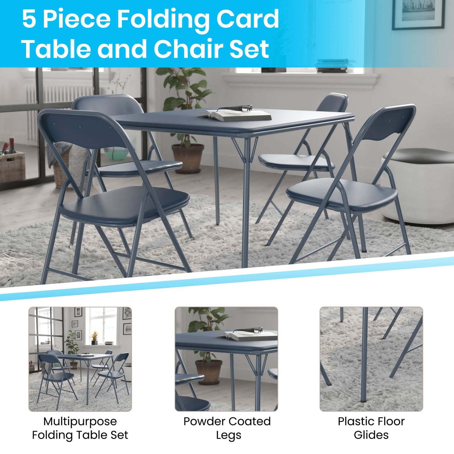 Madison 5 Piece Navy Folding Card Table and Chair Set Navy