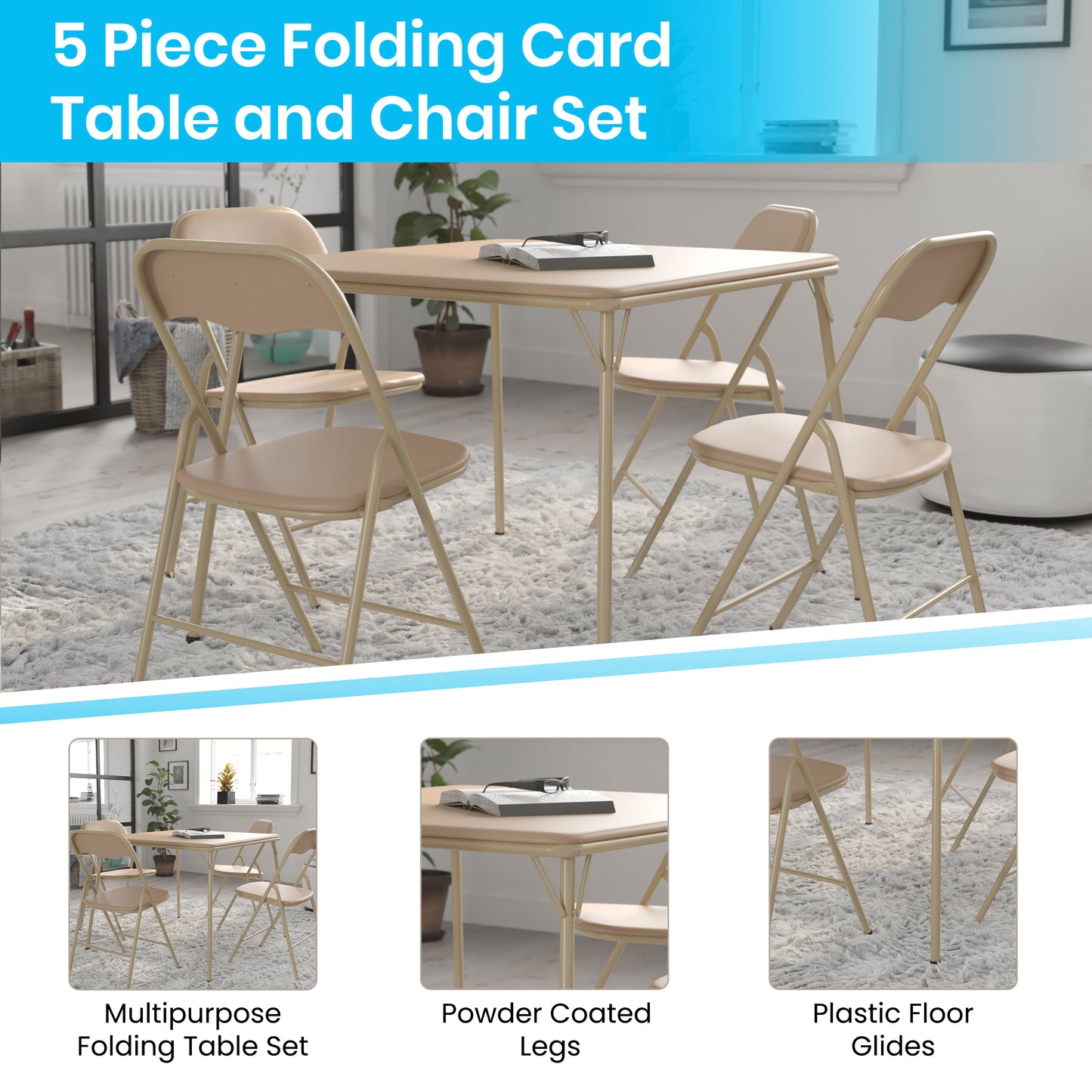 Madison 5 Piece Tan Folding Card Table and Chair Set Tan JB-1-TAN-GG