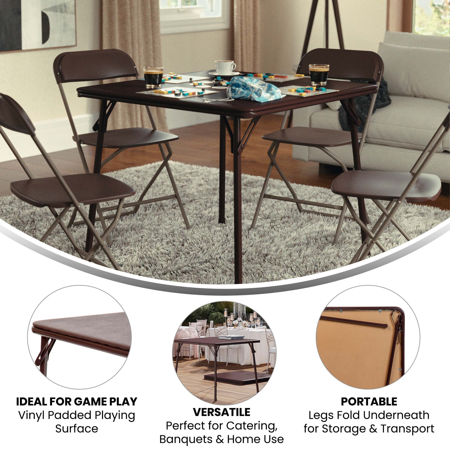 Madelyn Brown 33.5" Folding Card Table for 4 with Foldable Legs and Portable Lightweight Design Brown