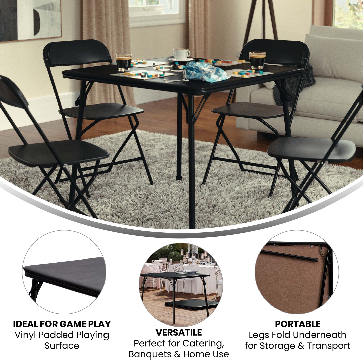 Madelyn Black 33.5" Folding Card Table for 4 with Foldable Legs and Portable Lightweight Design Black