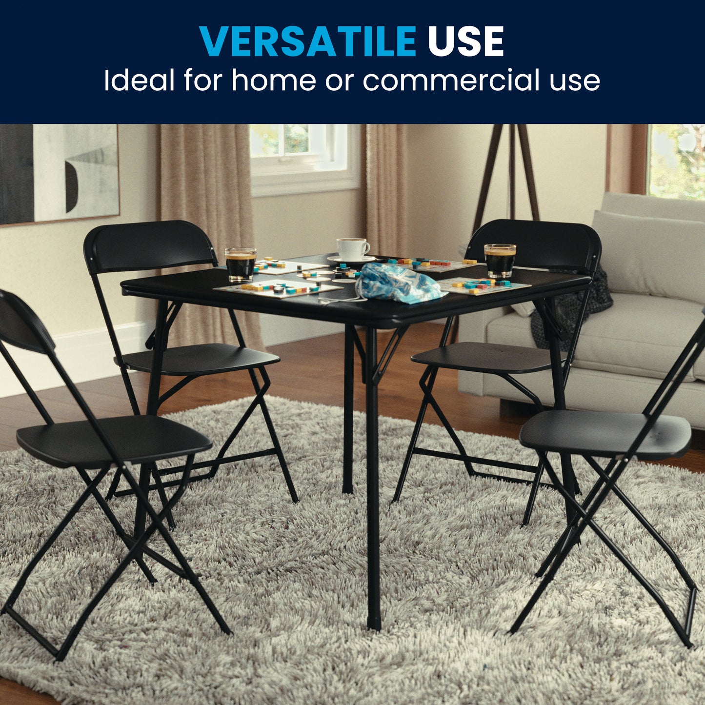 Madelyn Black 33.5" Folding Card Table for 4 with Foldable Legs and Portable Lightweight Design Black