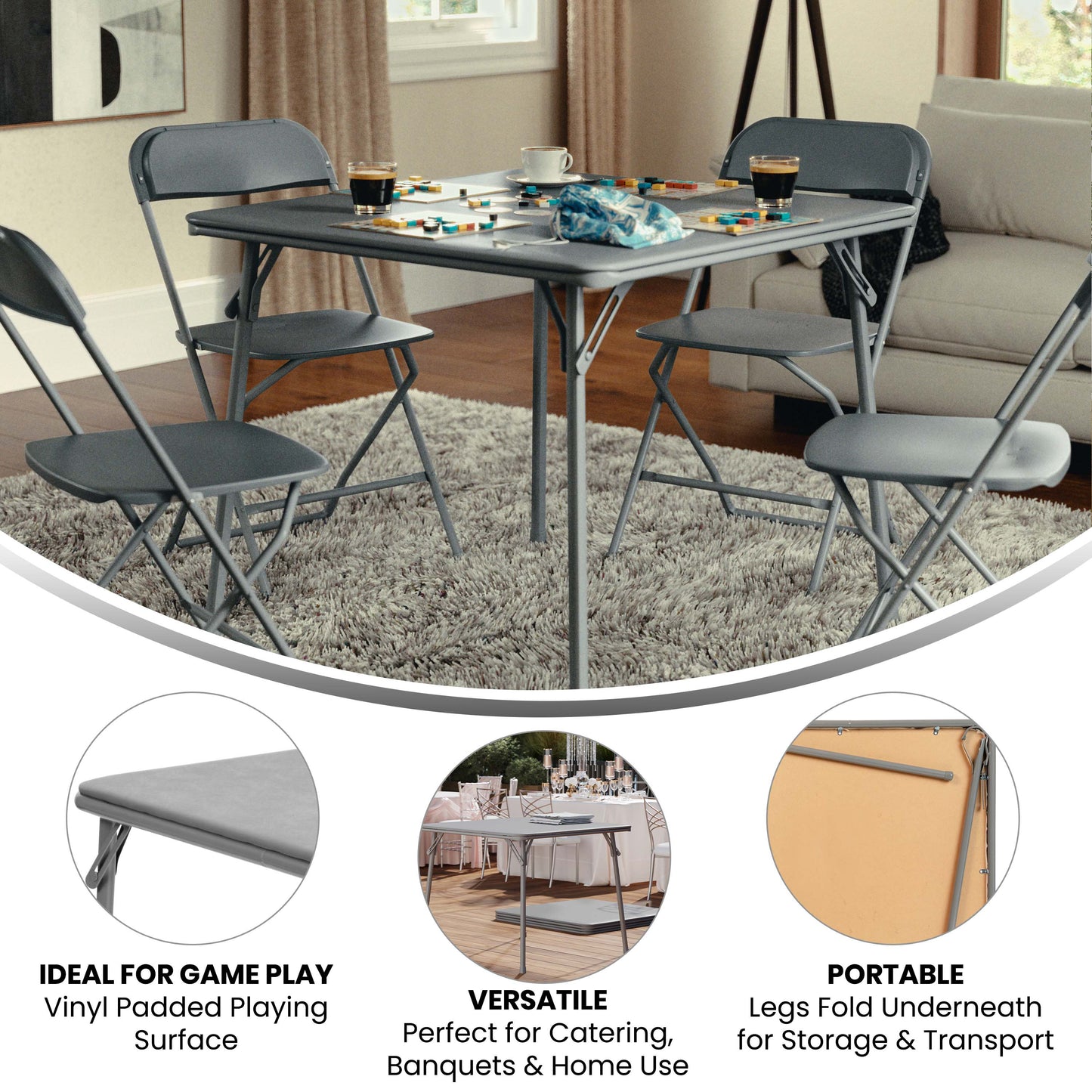 Madelyn Gray 33.5" Folding Card Table for 4 with Foldable Legs and Portable Lightweight Design Gray