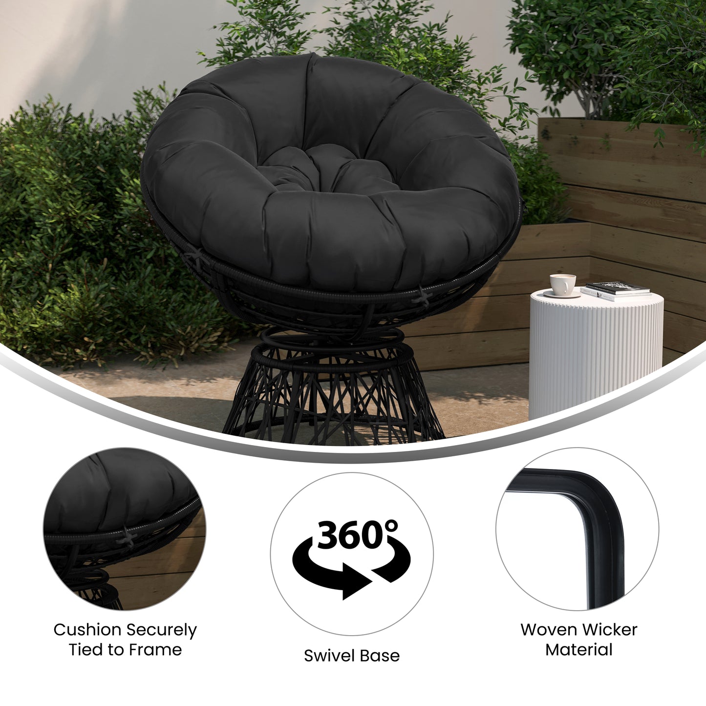 Bowie Comfort Series Black Swivel Patio Chair with Black Cushion Black Cushion/Black Frame
