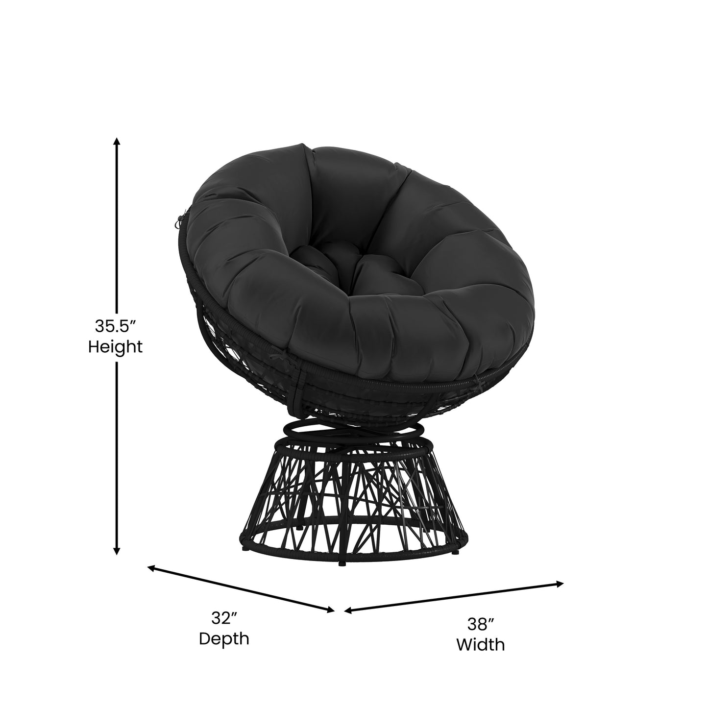 Bowie Comfort Series Black Swivel Patio Chair with Black Cushion Black Cushion/Black Frame