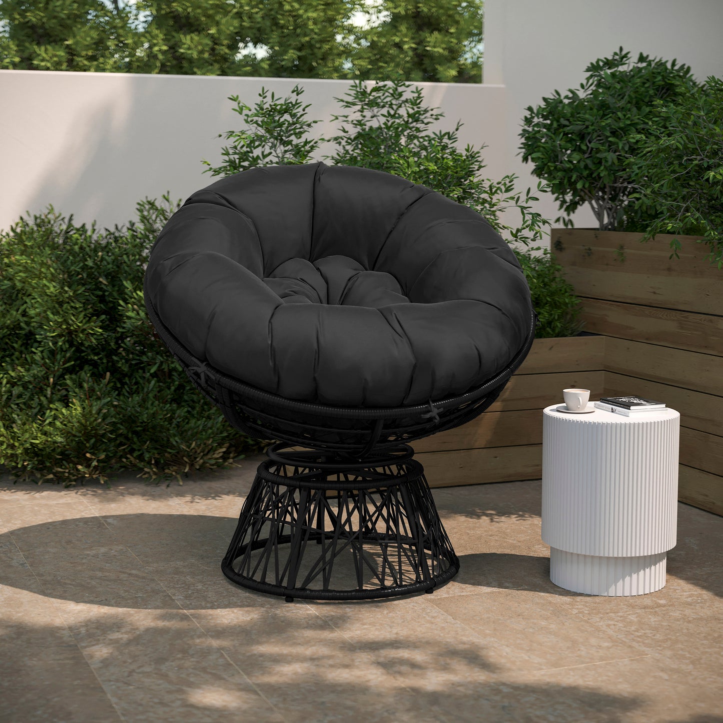 Bowie Comfort Series Black Swivel Patio Chair with Black Cushion Black Cushion/Black Frame