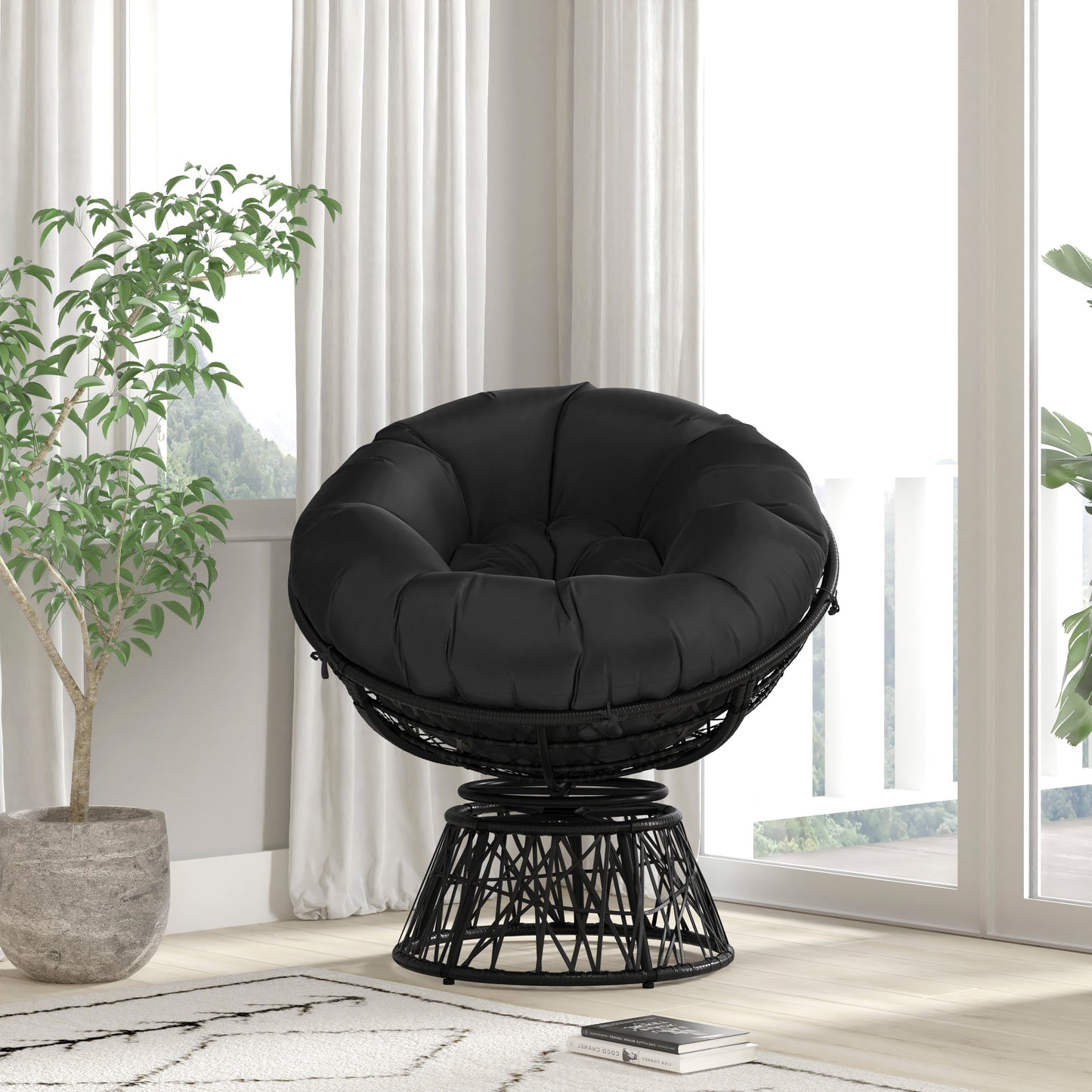 Bowie Comfort Series Black Swivel Patio Chair with Black Cushion Black Cushion/Black Frame