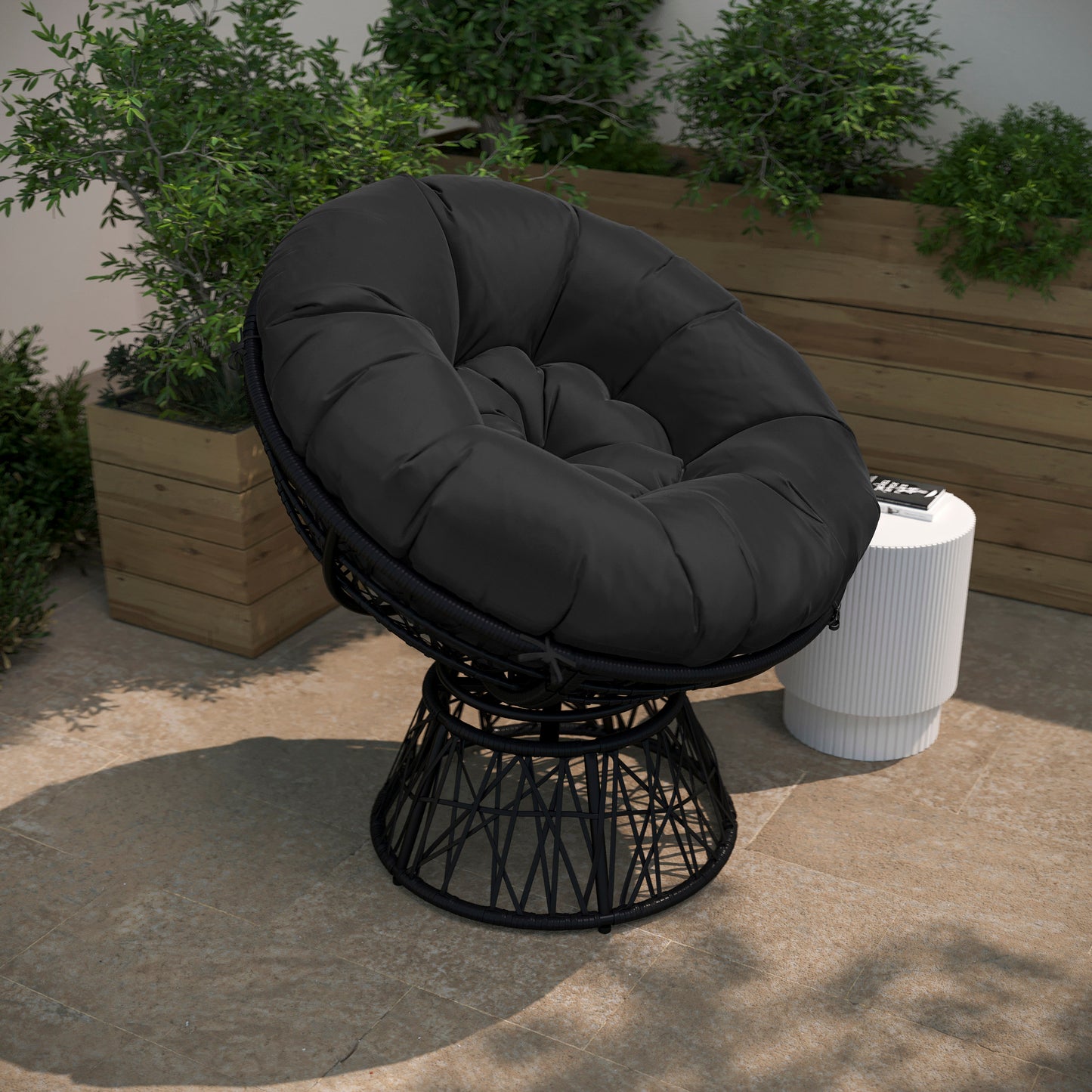 Bowie Comfort Series Black Swivel Patio Chair with Black Cushion Black Cushion/Black Frame