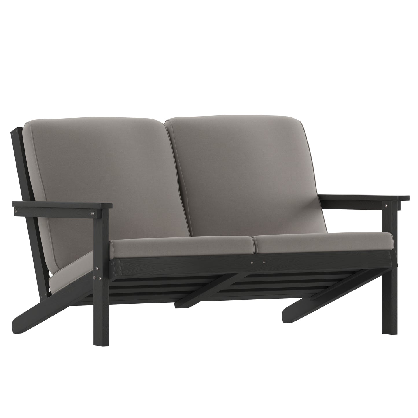 Charlestown All-Weather Poly Resin Wood Adirondack Style Deep Seat Patio Loveseat with Cushions, Black/Charcoal Gray Cushions/Black Frame