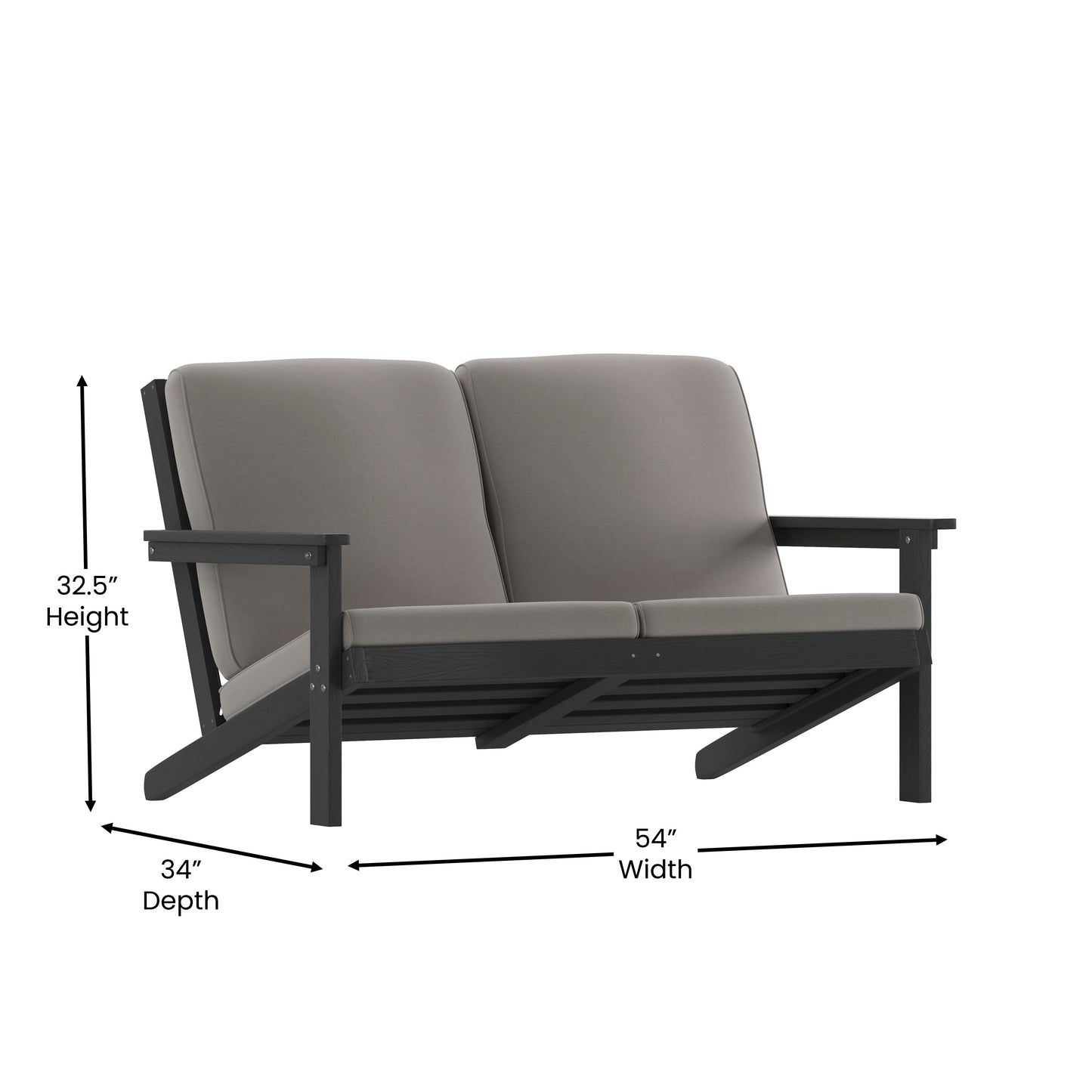 Charlestown All-Weather Poly Resin Wood Adirondack Style Deep Seat Patio Loveseat with Cushions, Black/Charcoal Gray Cushions/Black Frame