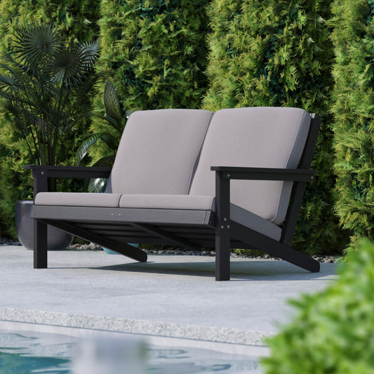 Charlestown All-Weather Poly Resin Wood Adirondack Style Deep Seat Patio Loveseat with Cushions, Black/Charcoal Gray Cushions/Black Frame