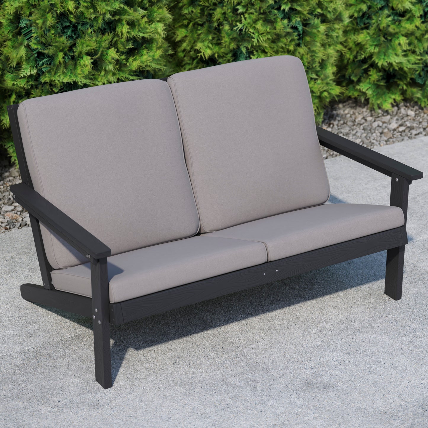 Charlestown All-Weather Poly Resin Wood Adirondack Style Deep Seat Patio Loveseat with Cushions, Black/Charcoal Gray Cushions/Black Frame
