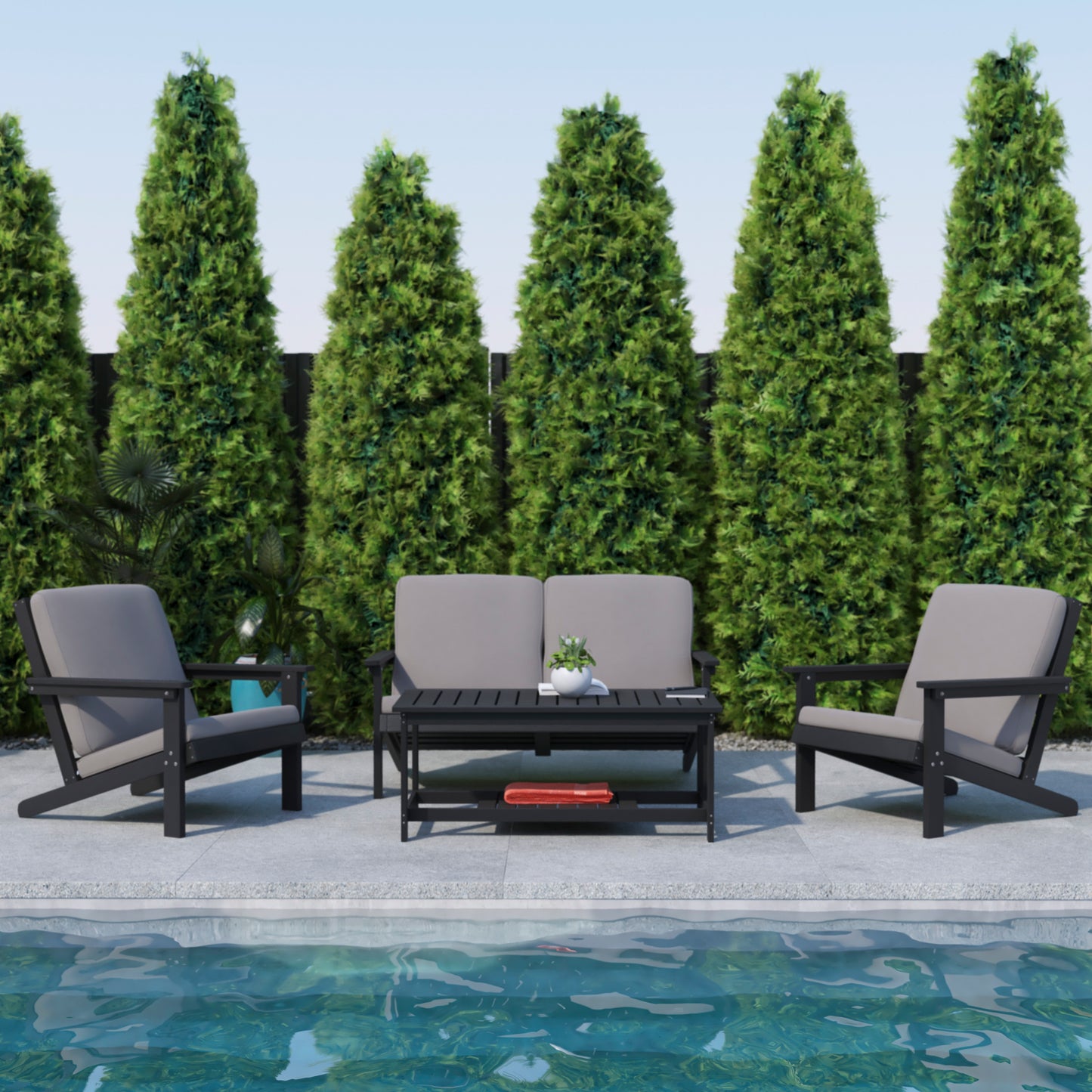 Charlestown All-Weather Poly Resin Wood Adirondack Style Deep Seat Patio Loveseat with Cushions, Black/Charcoal Gray Cushions/Black Frame