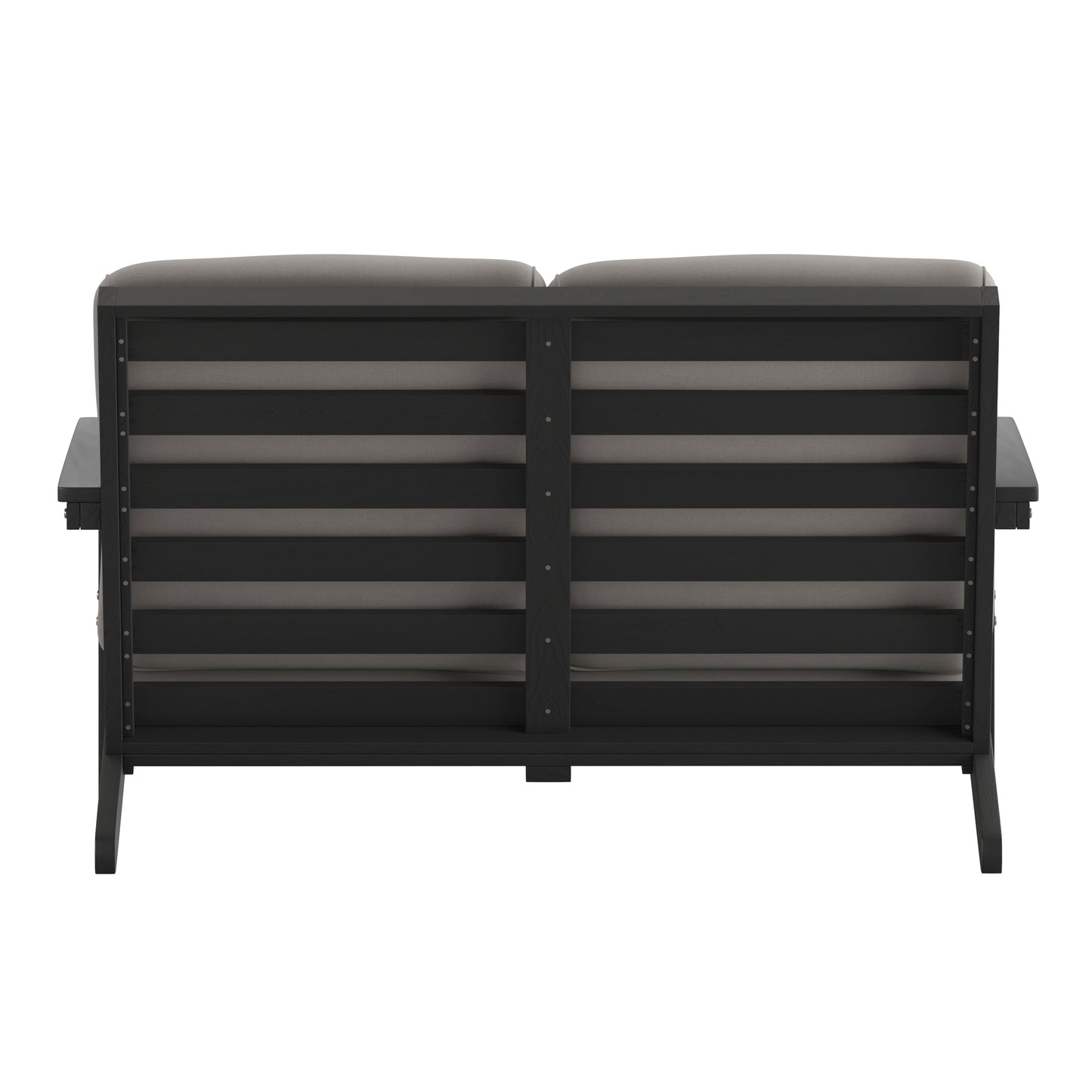 Charlestown All-Weather Poly Resin Wood Adirondack Style Deep Seat Patio Loveseat with Cushions, Black/Charcoal Gray Cushions/Black Frame