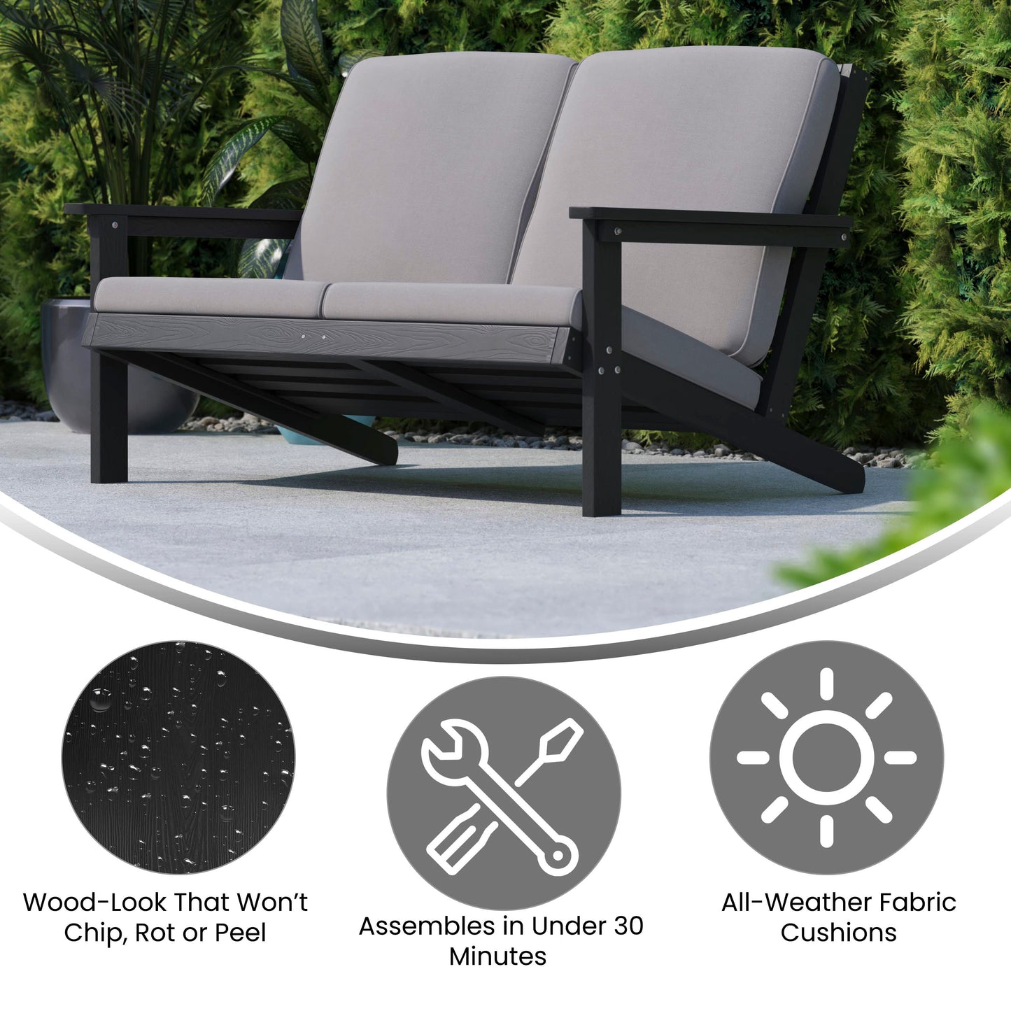Charlestown All-Weather Poly Resin Wood Adirondack Style Deep Seat Patio Loveseat with Cushions, Black/Charcoal Gray Cushions/Black Frame