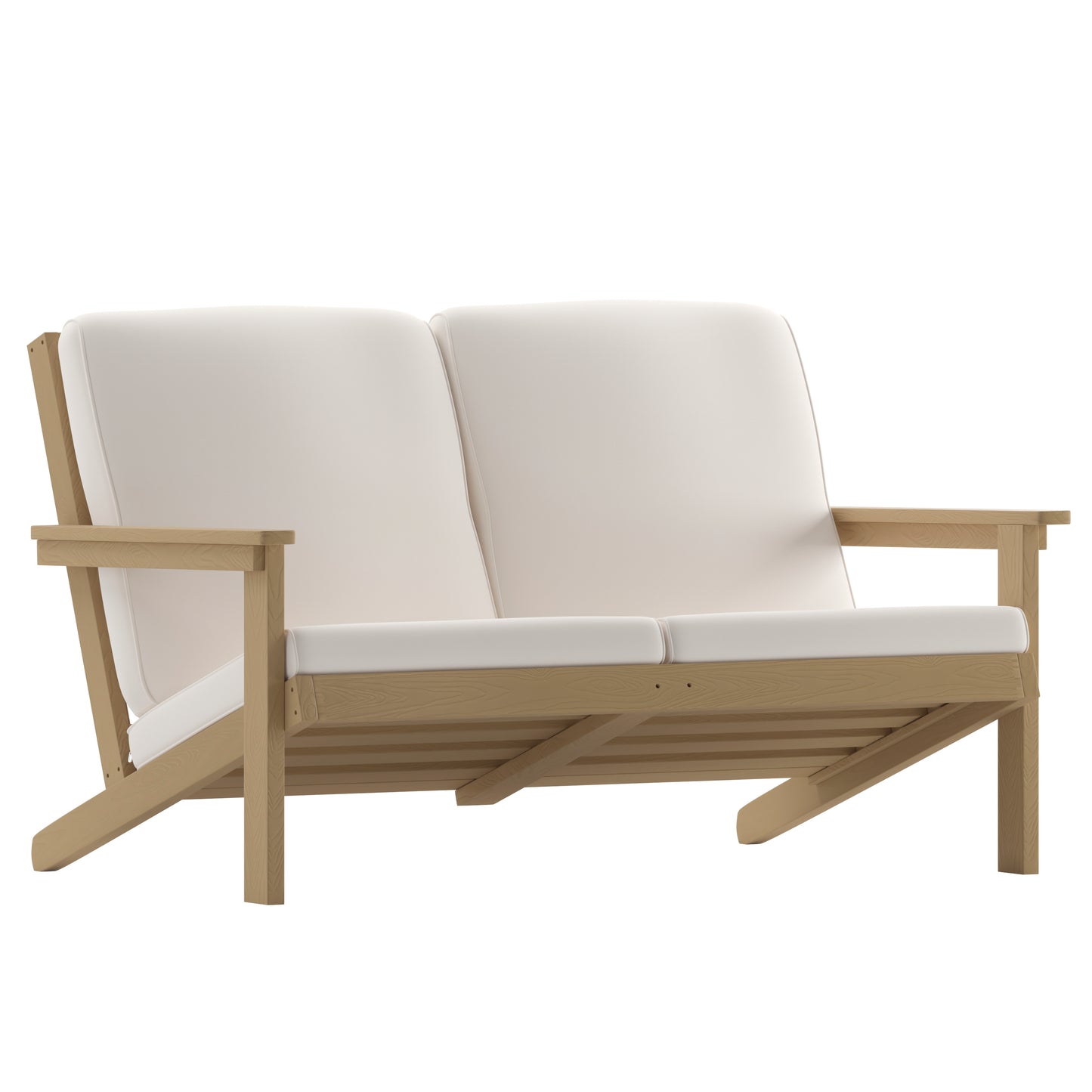 Charlestown All-Weather Poly Resin Wood Adirondack Style Deep Seat Patio Loveseat with Cushions, Natural Cedar/Cream Cream Cushions/Natural Cedar Frame