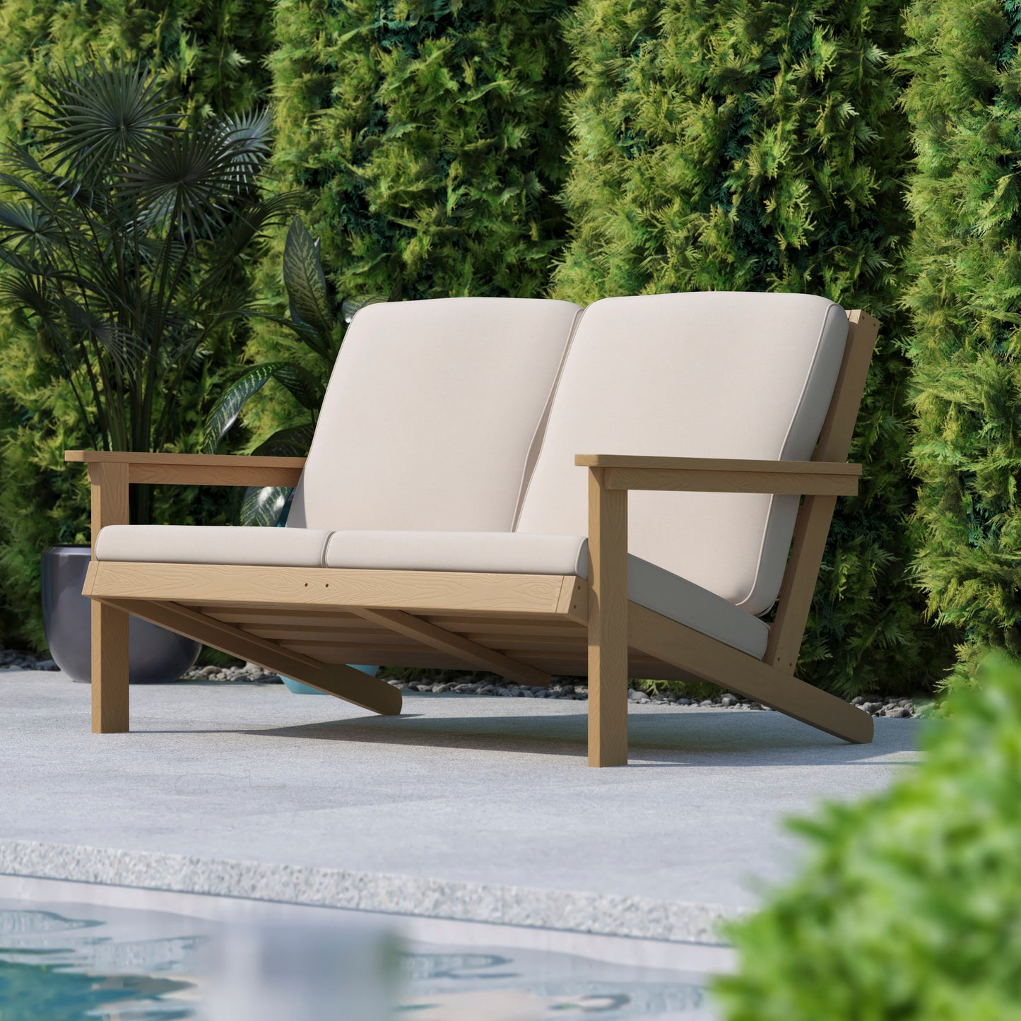 Charlestown All-Weather Poly Resin Wood Adirondack Style Deep Seat Patio Loveseat with Cushions, Natural Cedar/Cream Cream Cushions/Natural Cedar Frame