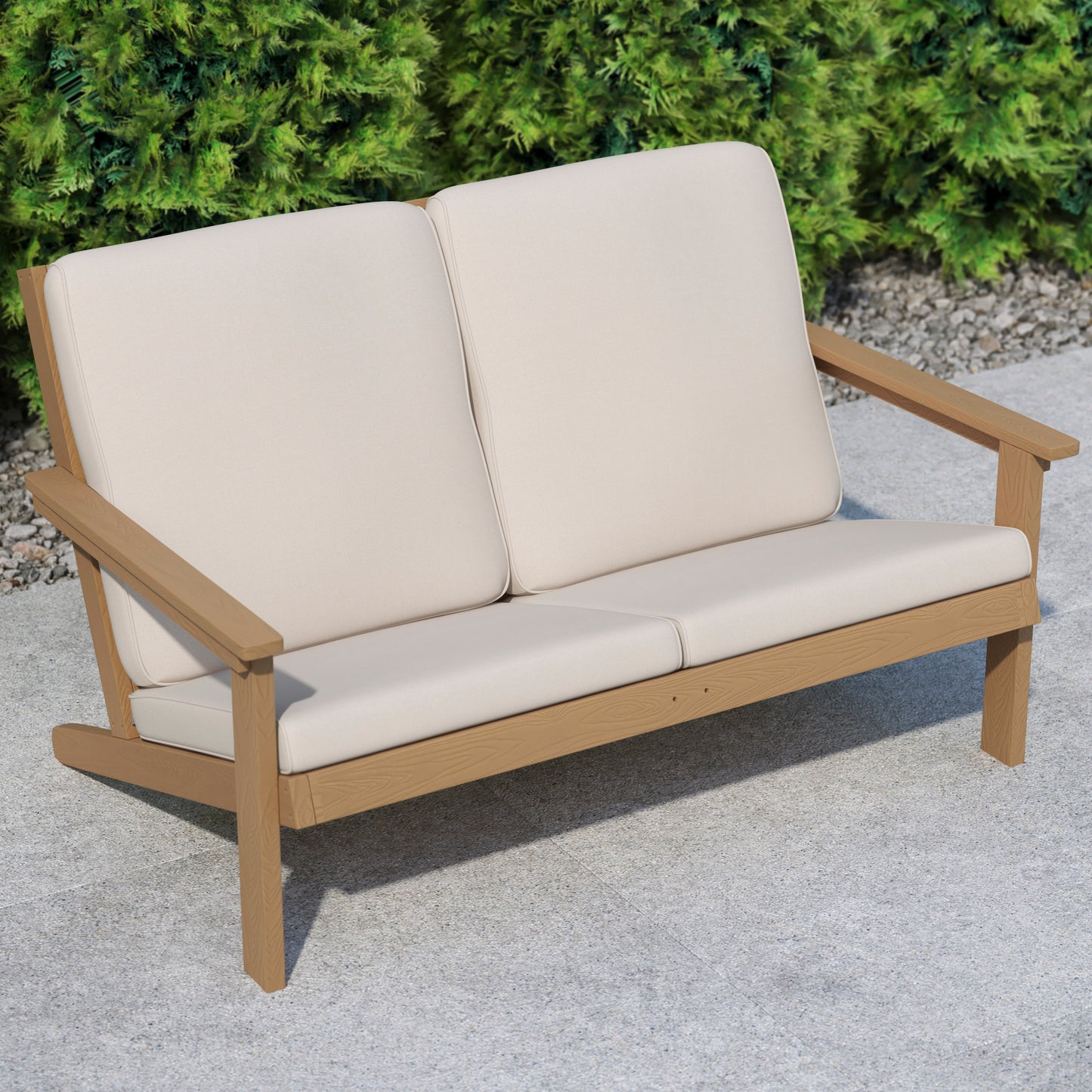 Charlestown All-Weather Poly Resin Wood Adirondack Style Deep Seat Patio Loveseat with Cushions, Natural Cedar/Cream Cream Cushions/Natural Cedar Frame