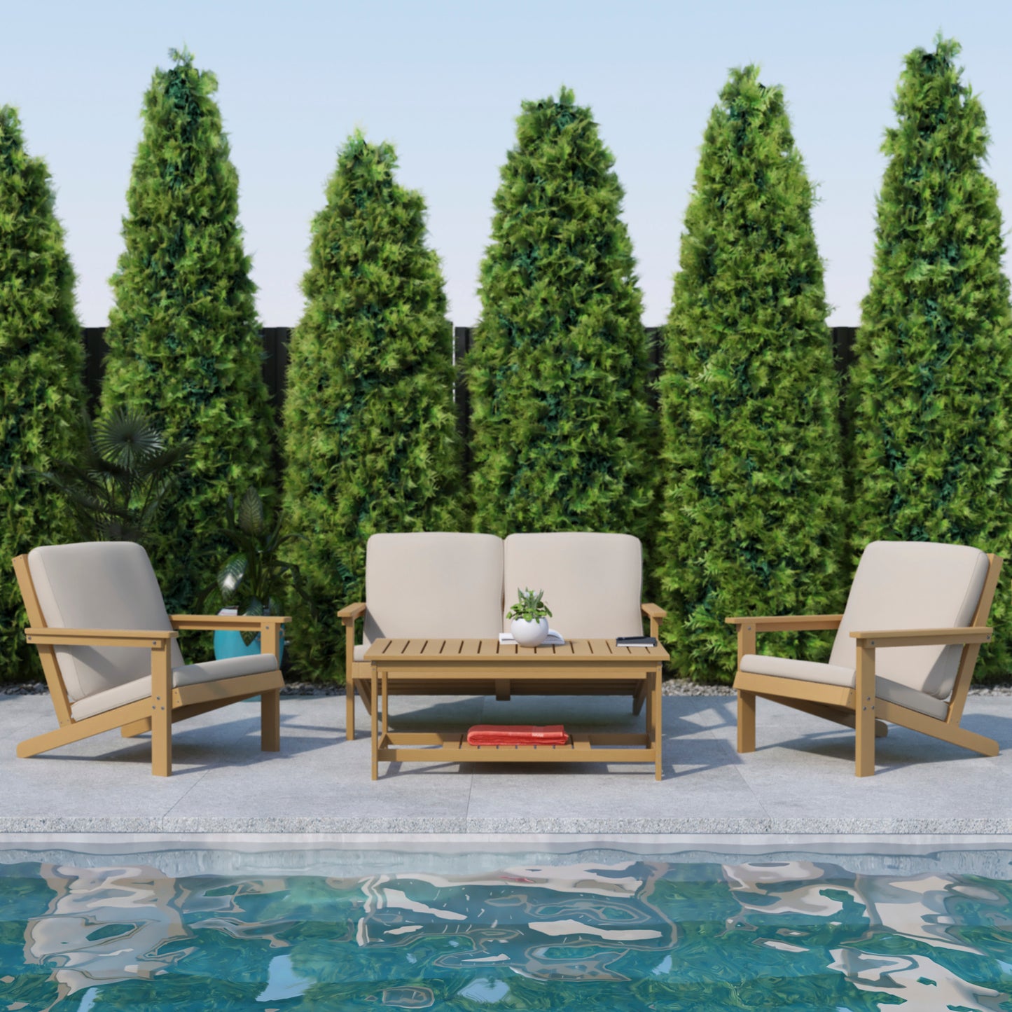 Charlestown All-Weather Poly Resin Wood Adirondack Style Deep Seat Patio Loveseat with Cushions, Natural Cedar/Cream Cream Cushions/Natural Cedar Frame