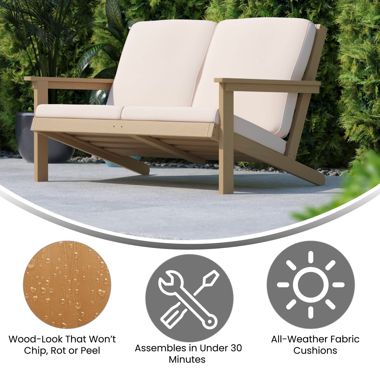 Charlestown All-Weather Poly Resin Wood Adirondack Style Deep Seat Patio Loveseat with Cushions, Natural Cedar/Cream Cream Cushions/Natural Cedar Frame