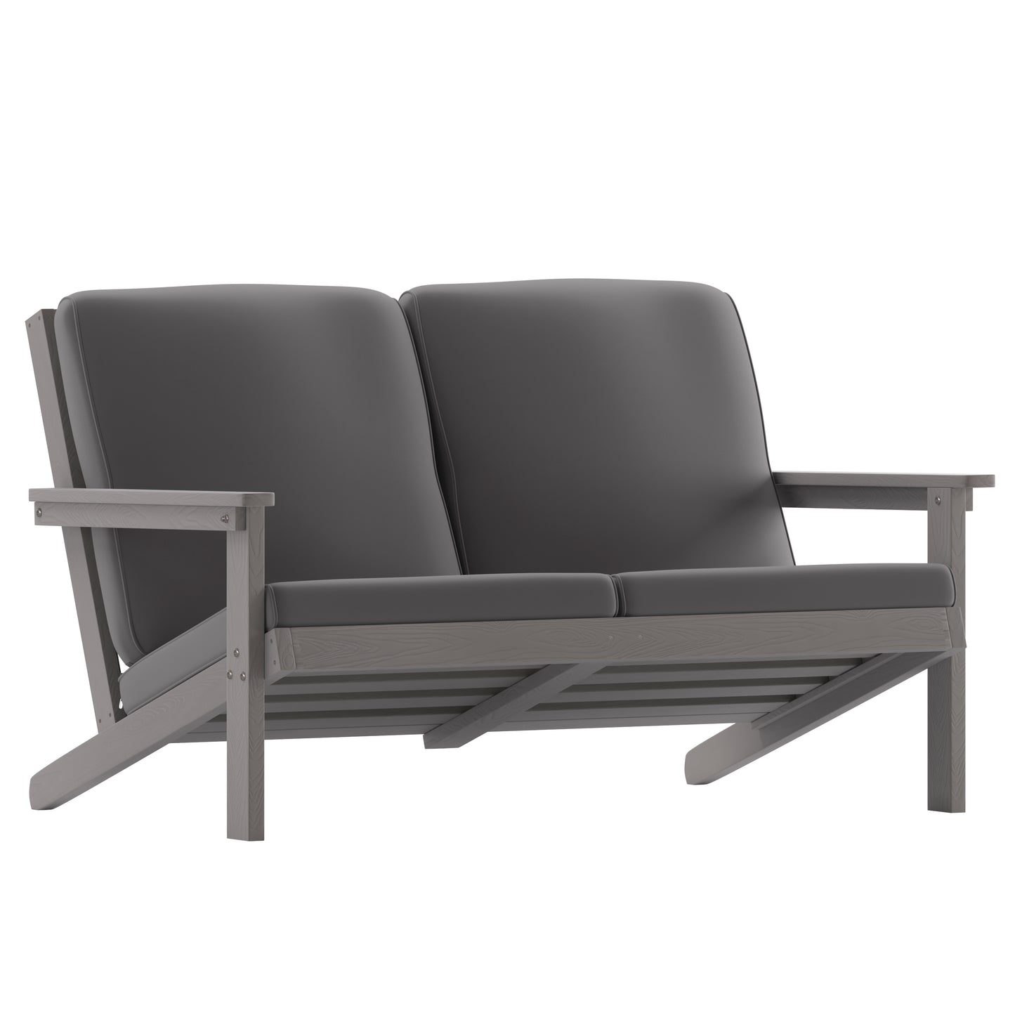 Charlestown All-Weather Poly Resin Wood Adirondack Style Deep Seat Patio Loveseat with Cushions, Gray/Gray Gray Cushions/Gray Frame