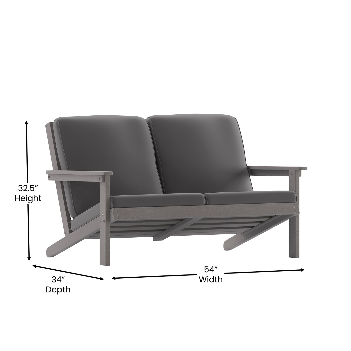 Charlestown All-Weather Poly Resin Wood Adirondack Style Deep Seat Patio Loveseat with Cushions, Gray/Gray Gray Cushions/Gray Frame