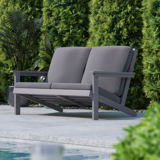 Charlestown All-Weather Poly Resin Wood Adirondack Style Deep Seat Patio Loveseat with Cushions, Gray/Gray Gray Cushions/Gray Frame