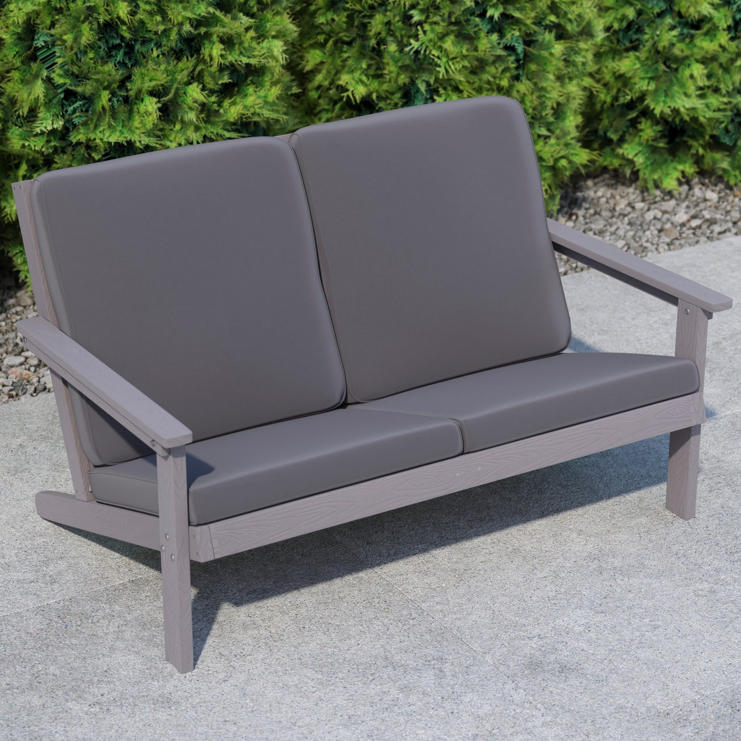Charlestown All-Weather Poly Resin Wood Adirondack Style Deep Seat Patio Loveseat with Cushions, Gray/Gray Gray Cushions/Gray Frame
