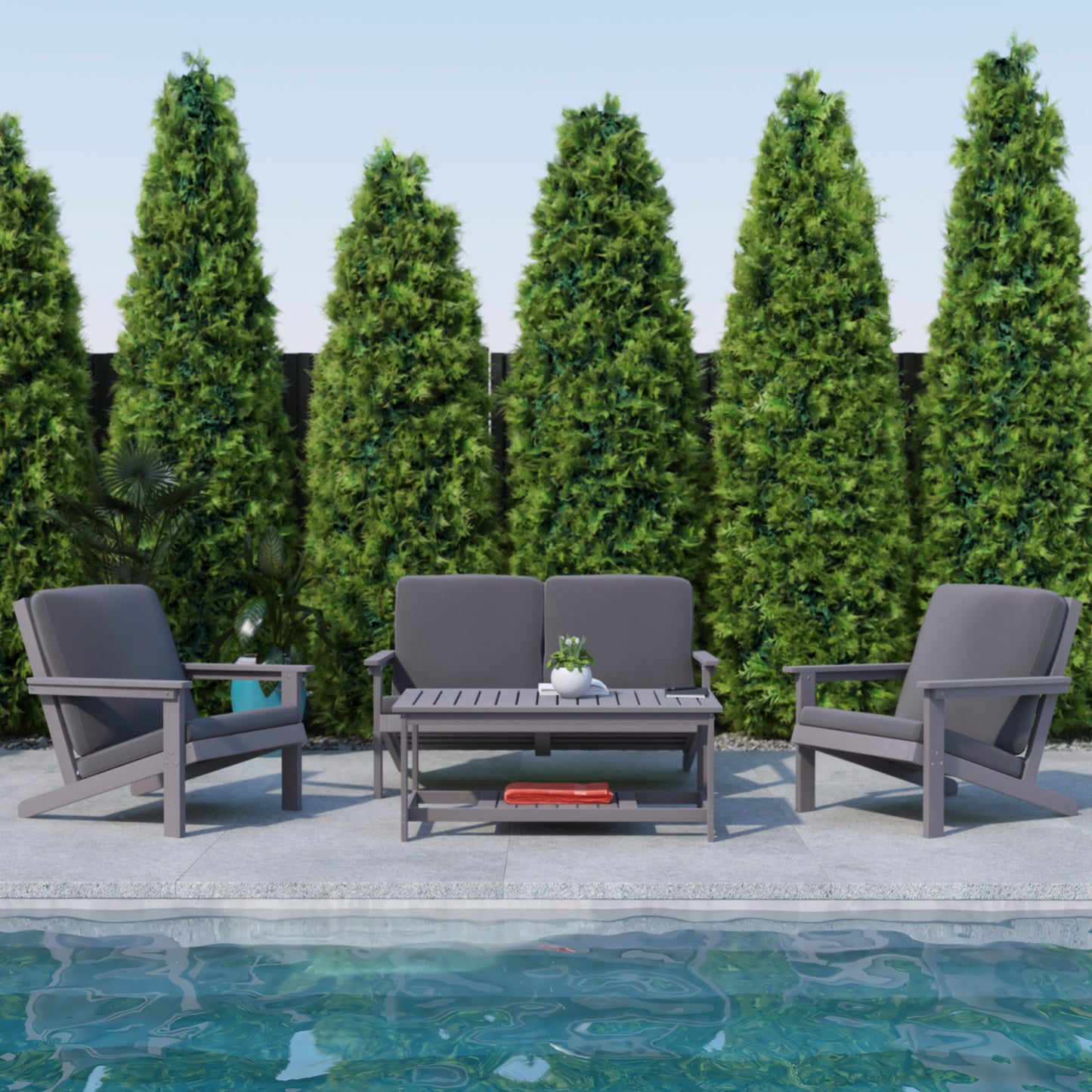Charlestown All-Weather Poly Resin Wood Adirondack Style Deep Seat Patio Loveseat with Cushions, Gray/Gray Gray Cushions/Gray Frame