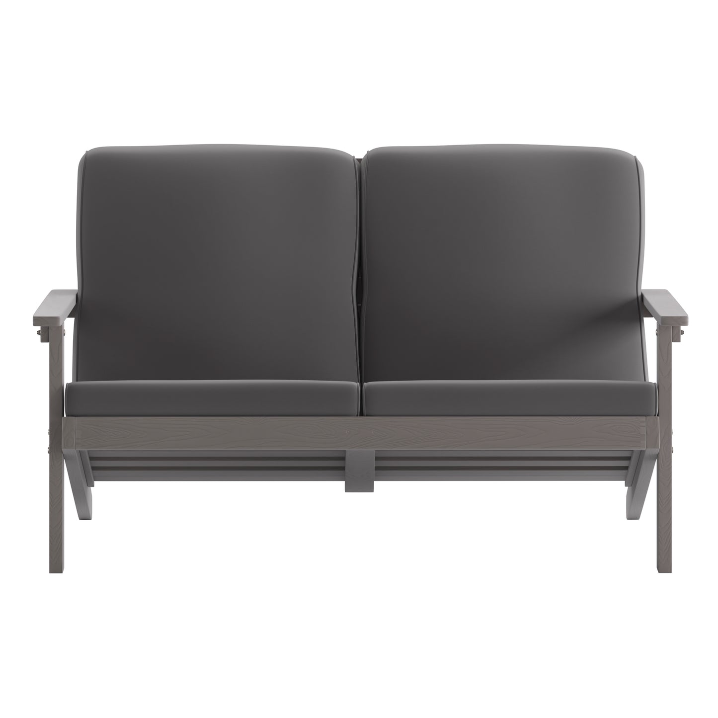 Charlestown All-Weather Poly Resin Wood Adirondack Style Deep Seat Patio Loveseat with Cushions, Gray/Gray Gray Cushions/Gray Frame