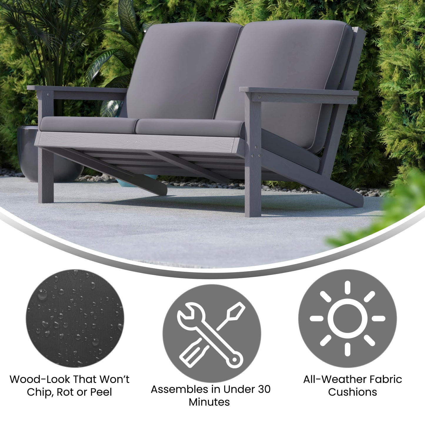 Charlestown All-Weather Poly Resin Wood Adirondack Style Deep Seat Patio Loveseat with Cushions, Gray/Gray Gray Cushions/Gray Frame