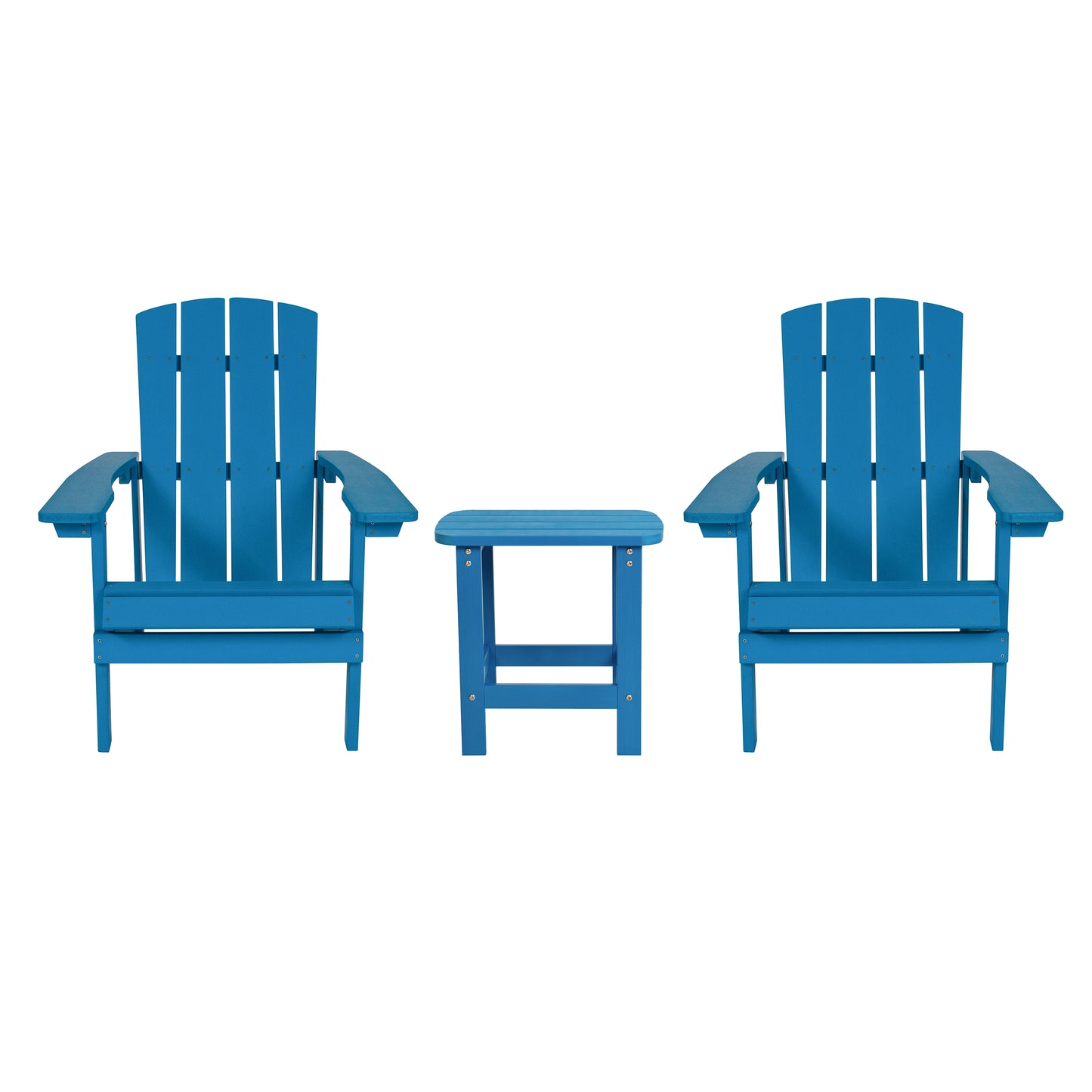 2 Pack Charlestown Commercial All-Weather Poly Resin Wood Adirondack Chairs with Side Table in Blue Blue JJ-C14501-2-T14001-BLU-GG