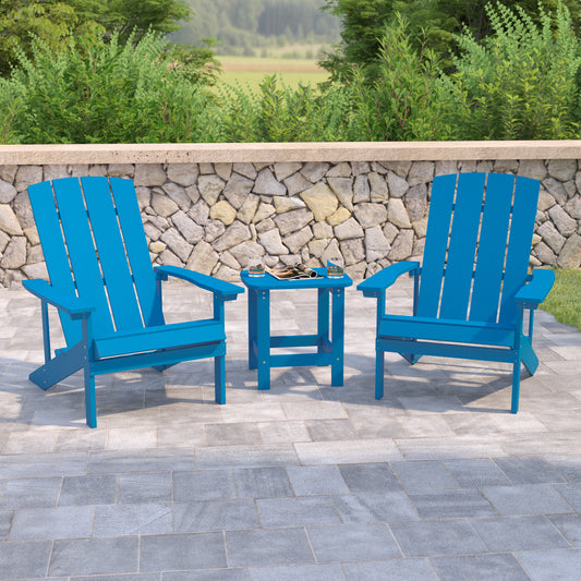 2 Pack Charlestown Commercial All-Weather Poly Resin Wood Adirondack Chairs with Side Table in Blue Blue JJ-C14501-2-T14001-BLU-GG