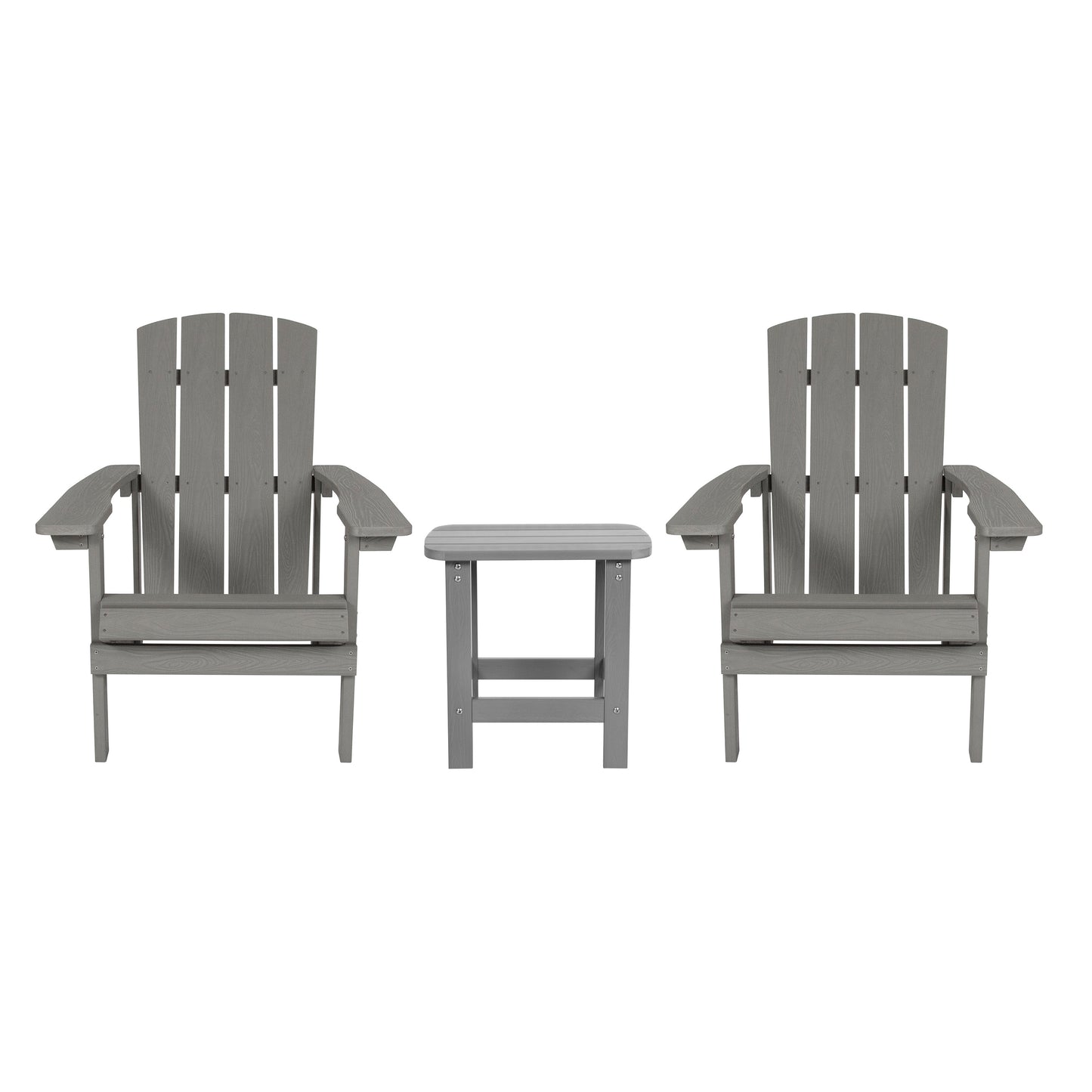 2 Pack Charlestown Commercial All-Weather Poly Resin Wood Adirondack Chairs with Side Table in Gray Gray JJ-C14501-2-T14001-GY-GG