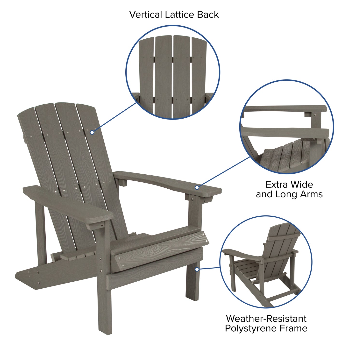 2 Pack Charlestown Commercial All-Weather Poly Resin Wood Adirondack Chairs with Side Table in Gray Gray JJ-C14501-2-T14001-GY-GG