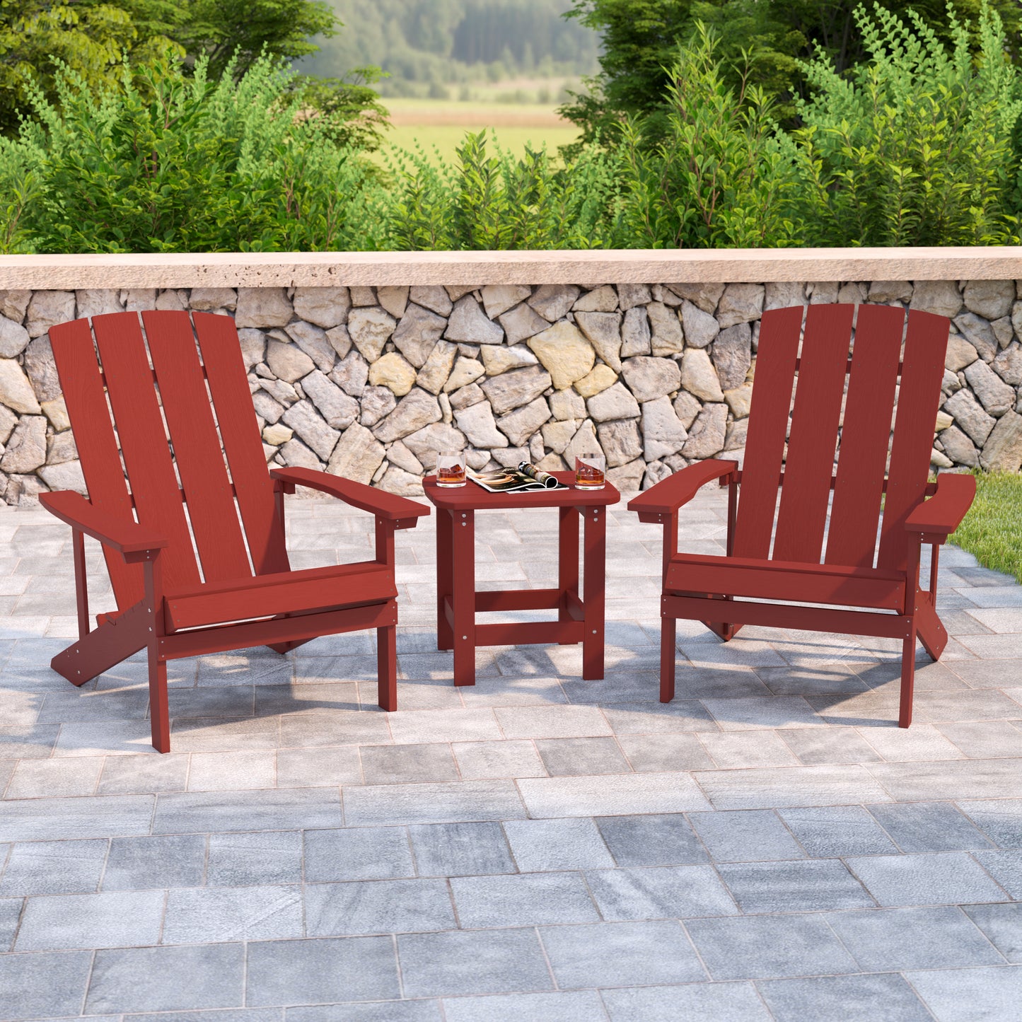 2 Pack Charlestown Commercial All-Weather Poly Resin Wood Adirondack Chairs with Side Table in Red Red JJ-C14501-2-T14001-RED-GG