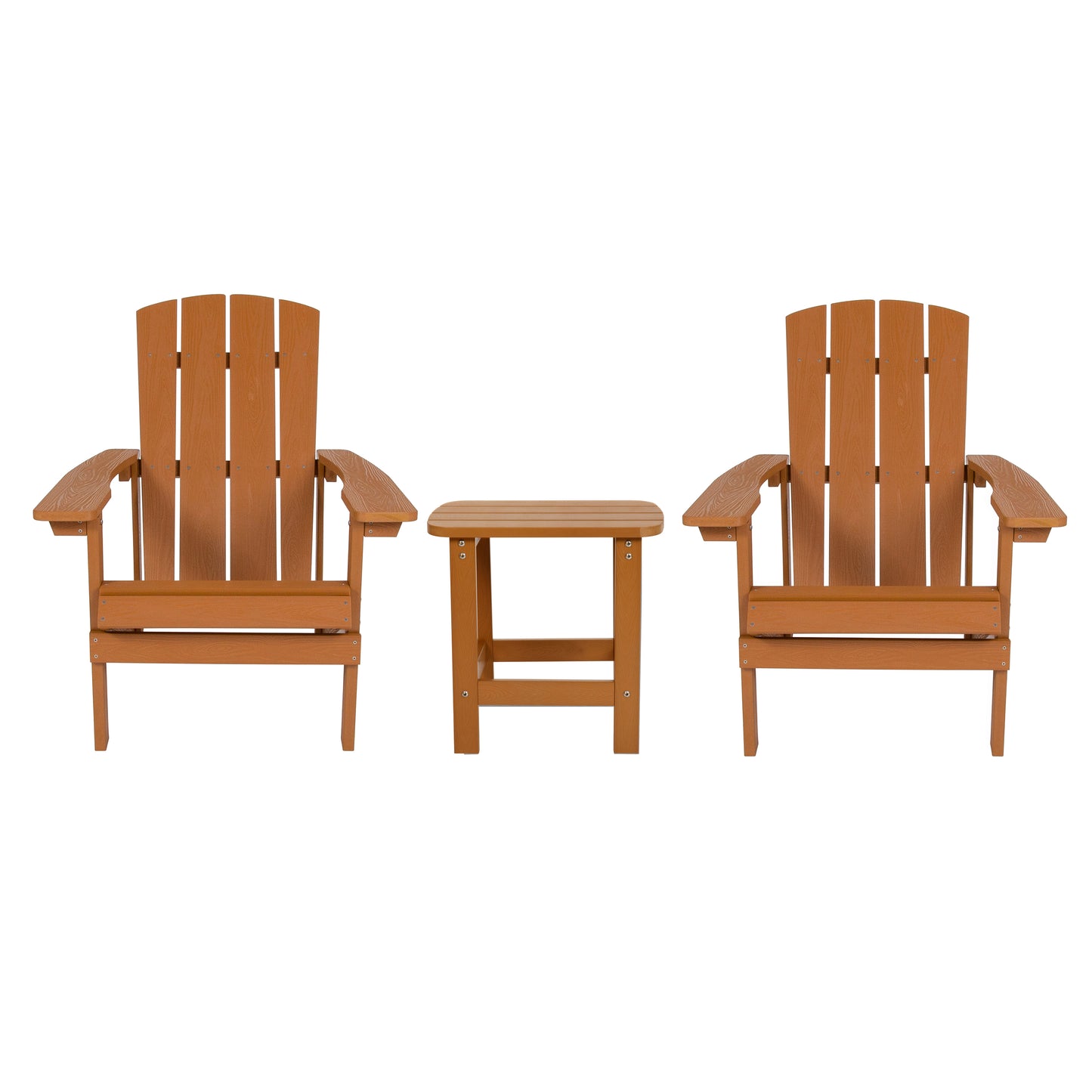 2 Pack Charlestown Commercial All-Weather Poly Resin Wood Adirondack Chairs with Side Table in Teak Teak JJ-C14501-2-T14001-TEAK-GG