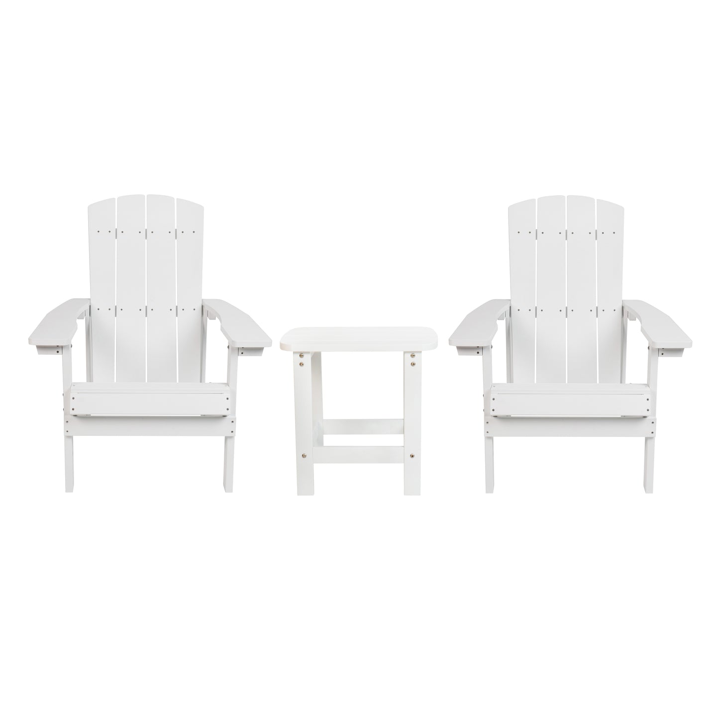 2 Pack Charlestown Commercial All-Weather Poly Resin Wood Adirondack Chairs with Side Table in White White JJ-C14501-2-T14001-WH-GG