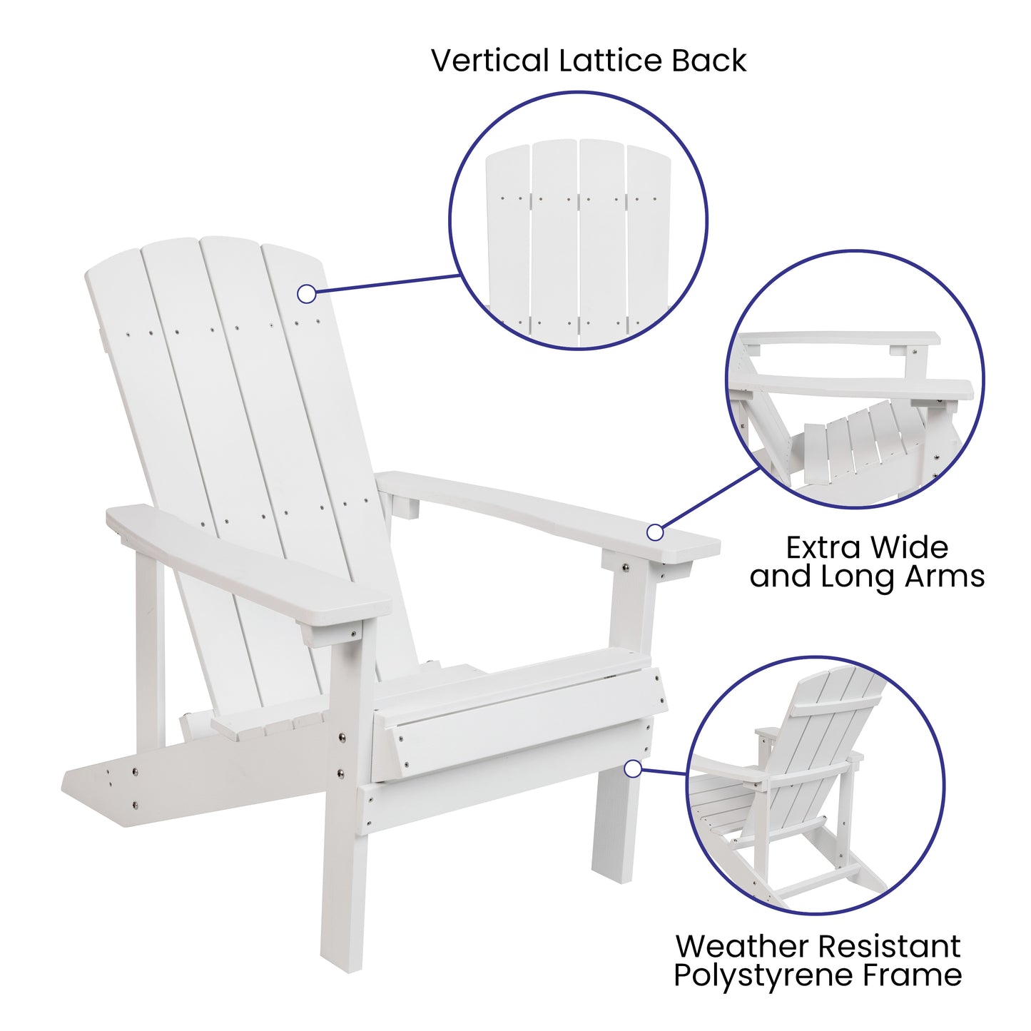 Charlestown Commercial All-Weather Poly Resin Wood Adirondack Chair in White White